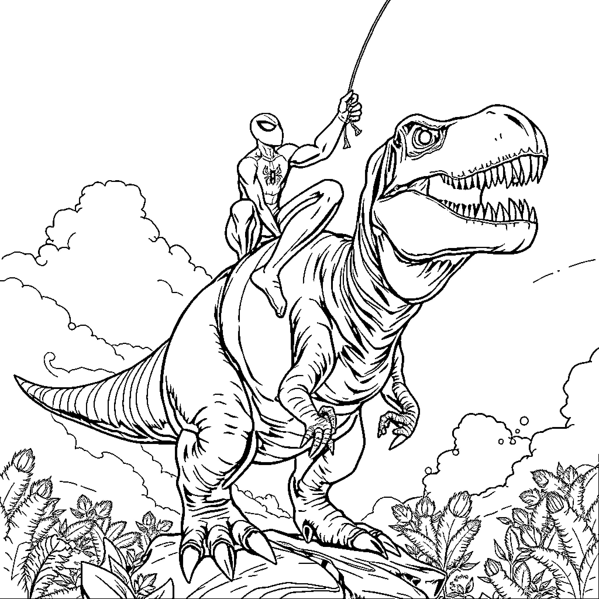 Spiderman swinging from a Tyrannosaurus Rex Coloring Page (free black-and-white line drawing printable PDF for all, from beginners to advanced learners, including children, teens, adults, and seniors)
