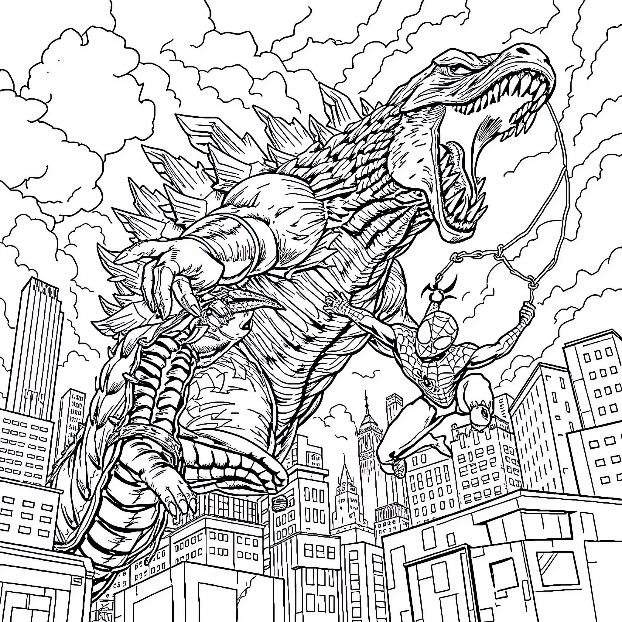 Godzilla rampaging through the city skyline Coloring Page (free black-and-white line drawing printable PDF for all, from beginners to advanced learners, including children, teens, adults, and seniors)