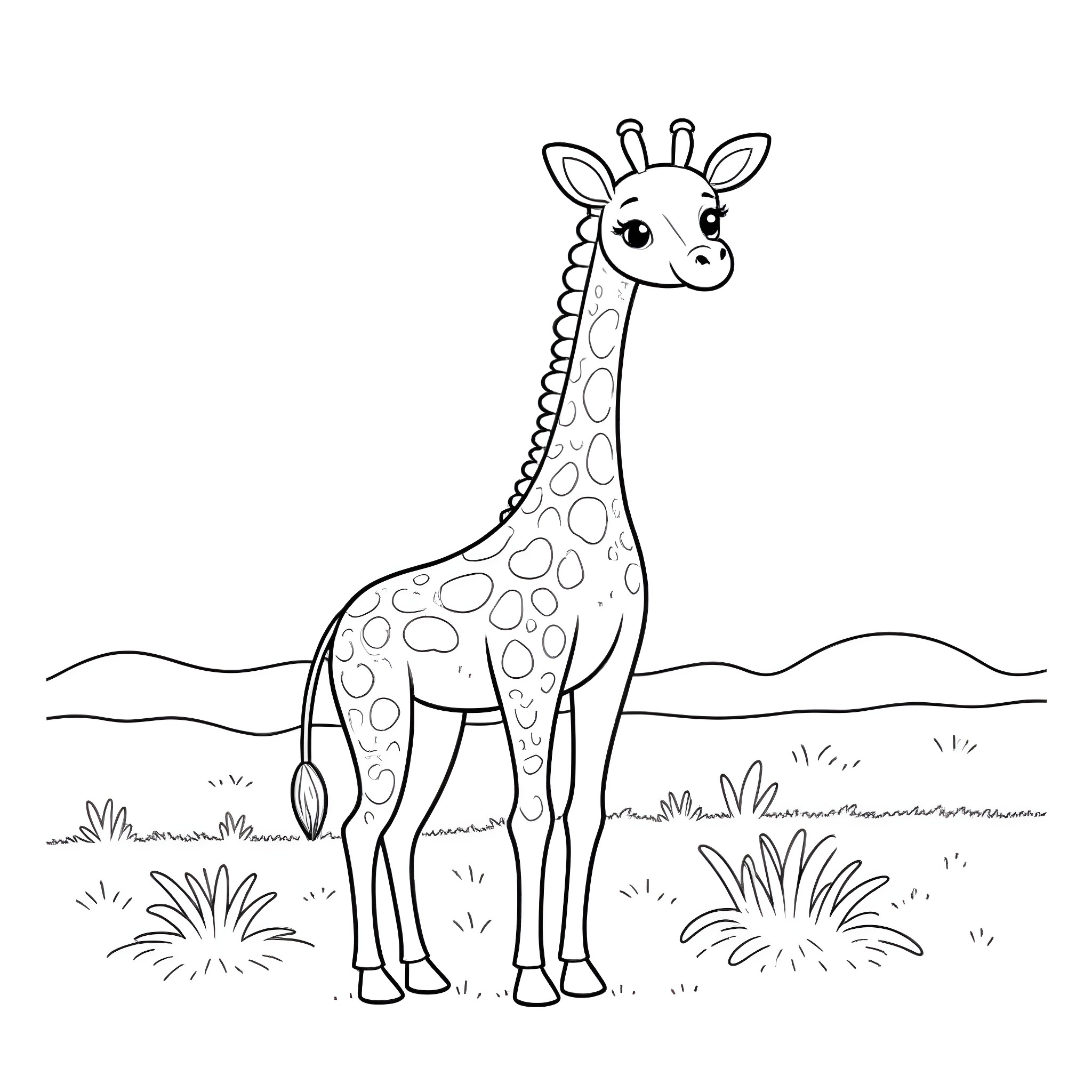 Baby Giraffe playing in the field Coloring Page (free black-and-white line drawing printable PDF for all, from beginners to advanced learners, including children, teens, adults, and seniors)