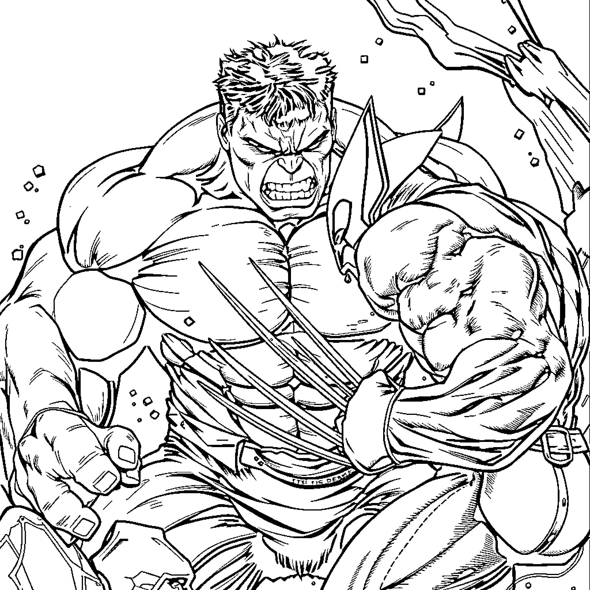 Hulk smashing through a snowy landscape Coloring Page (free black-and-white line drawing printable PDF for all, from beginners to advanced learners, including children, teens, adults, and seniors)