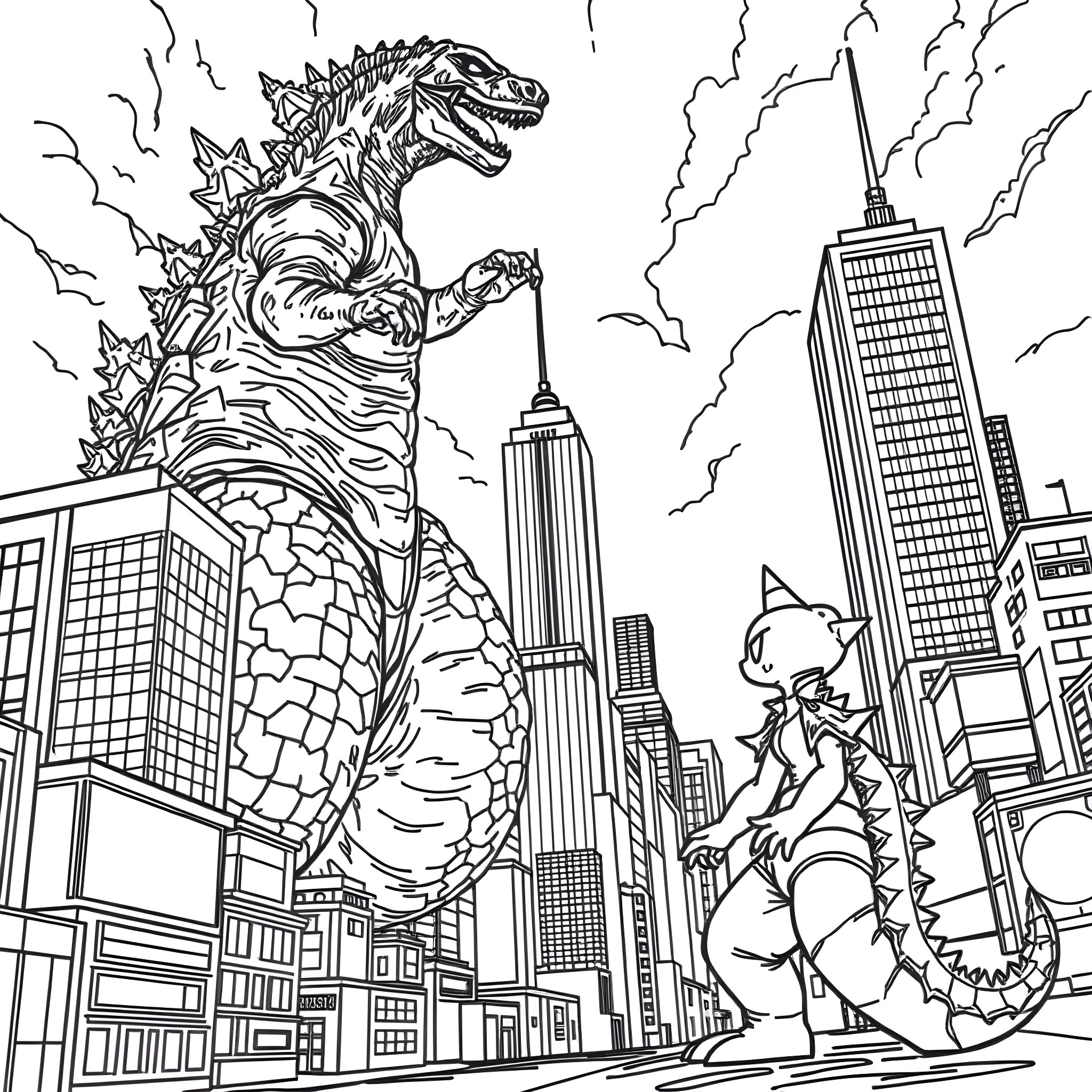 Godzilla Rampaging Through a Futuristic City Coloring Page (free black-and-white line drawing printable PDF for all, from beginners to advanced learners, including children, teens, adults, and seniors)