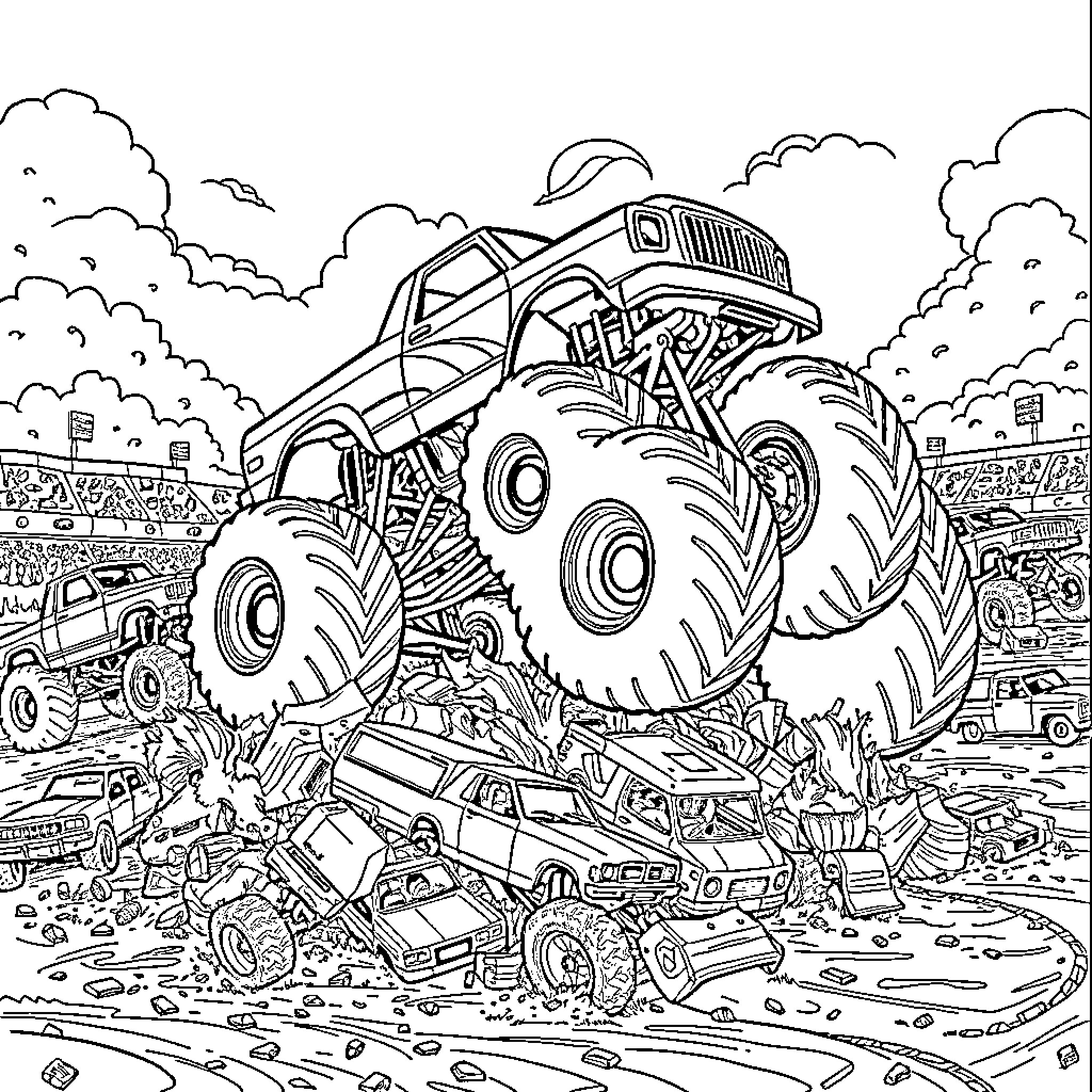 Monster Truck crushing cars in a demolition derby Coloring Page (free black-and-white line drawing printable PDF for all, from beginners to advanced learners, including children, teens, adults, and seniors)