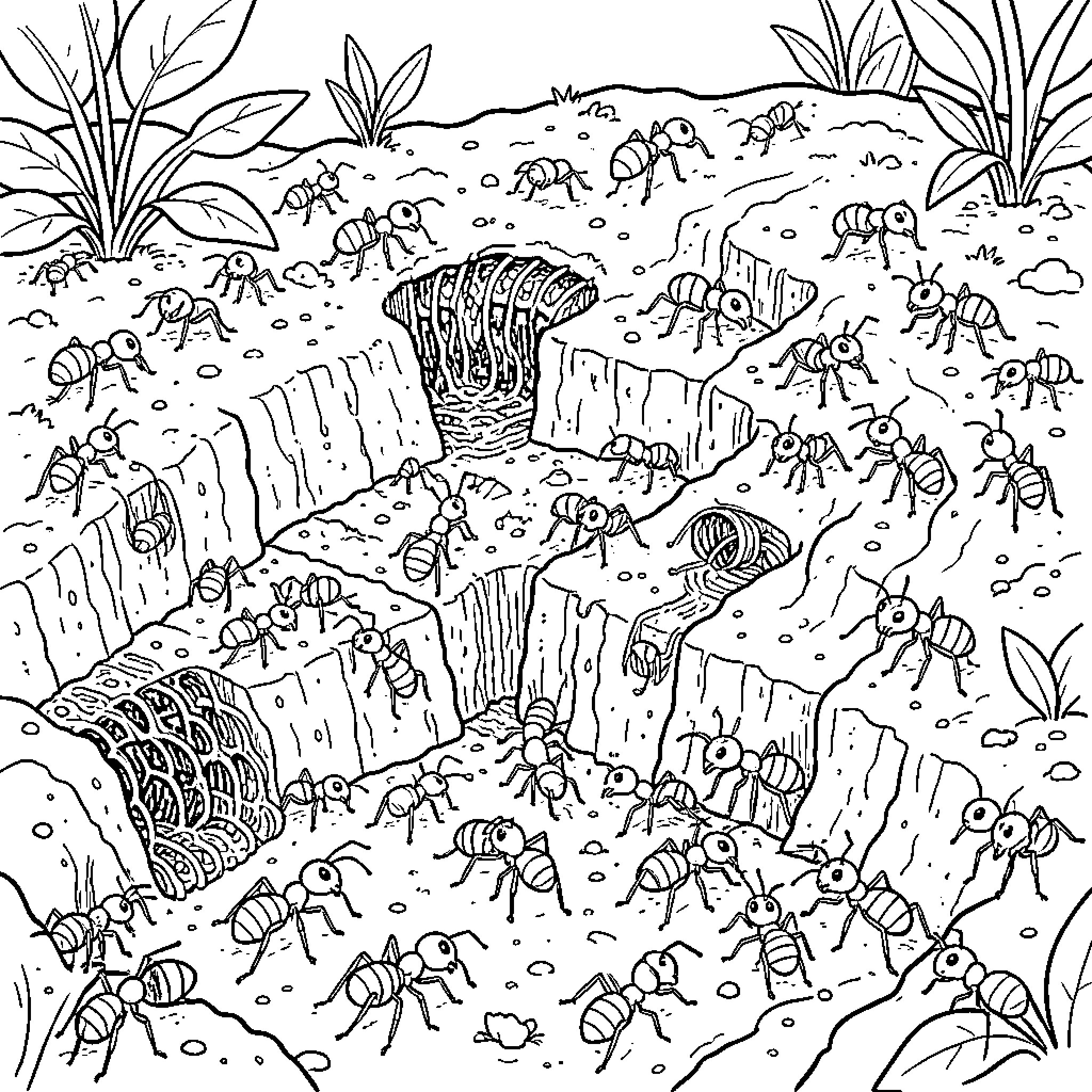 Ant Colony's Intricate Underground Habitat Coloring Page (free black-and-white line drawing printable PDF for all, from beginners to advanced learners, including children, teens, adults, and seniors)