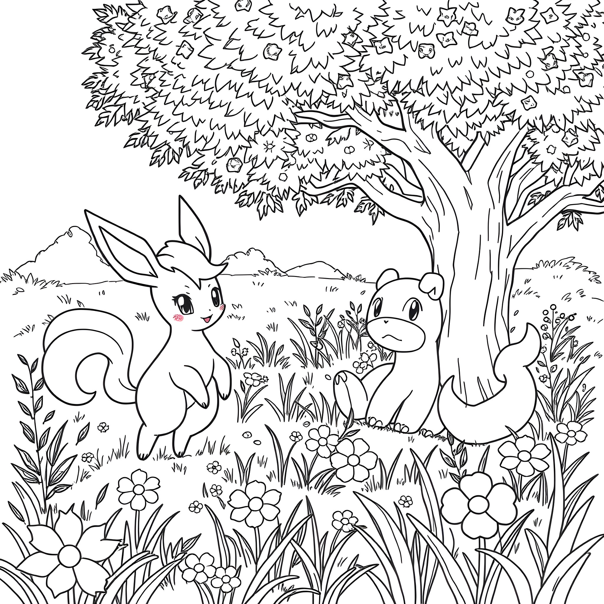 Sylveon and Eevee in a Whimsical Forest Coloring Page (free black-and-white line drawing printable PDF for all, from beginners to advanced learners, including children, teens, adults, and seniors)