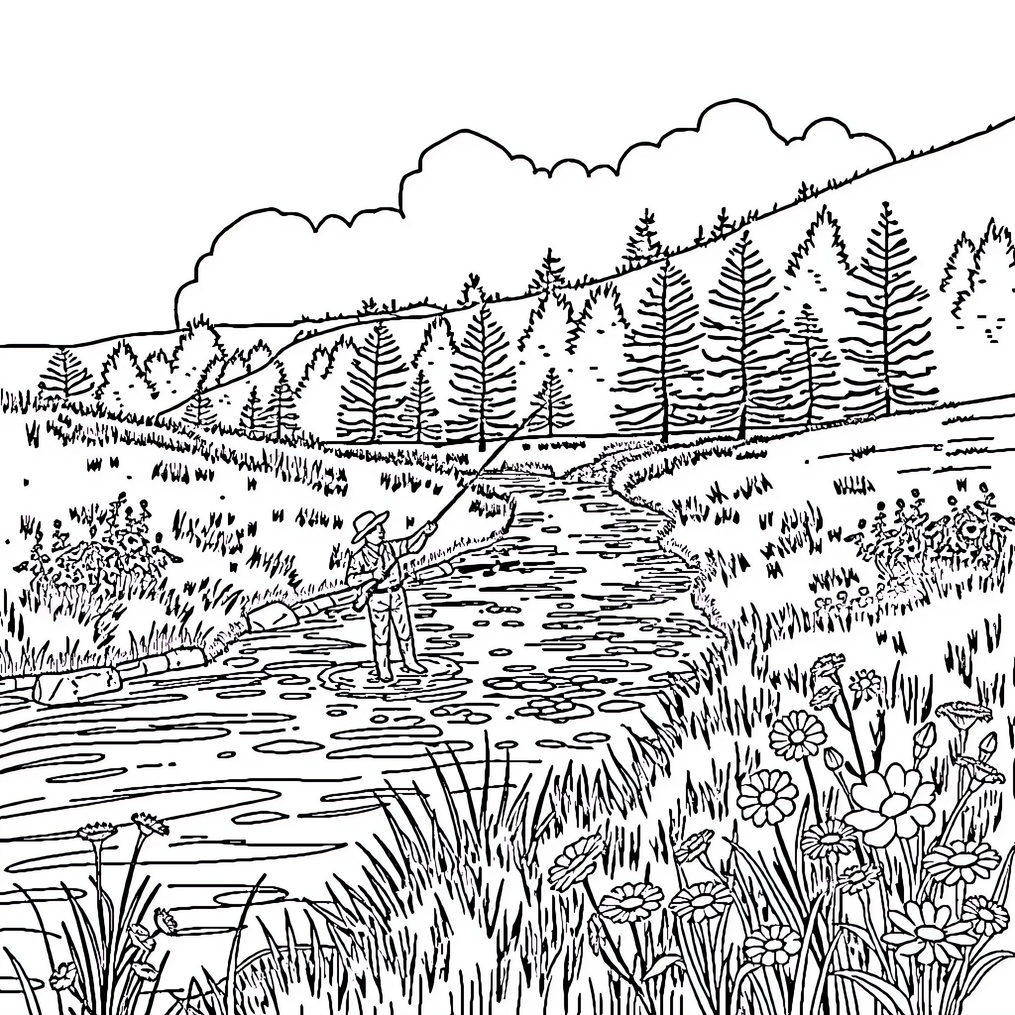 Flyfishing in a serene forest landscape Coloring Page (free black-and-white line drawing printable PDF for all, from beginners to advanced learners, including children, teens, adults, and seniors)