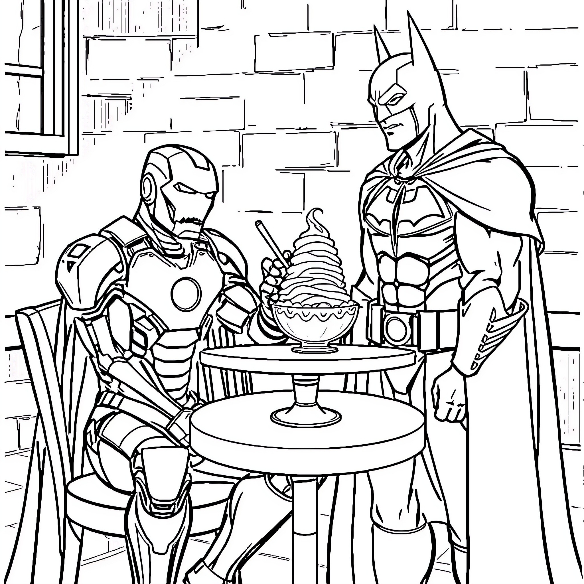 Ironman and Batman Enjoying a Dessert Together Coloring Page (free black-and-white line drawing printable PDF for all, from beginners to advanced learners, including children, teens, adults, and seniors)