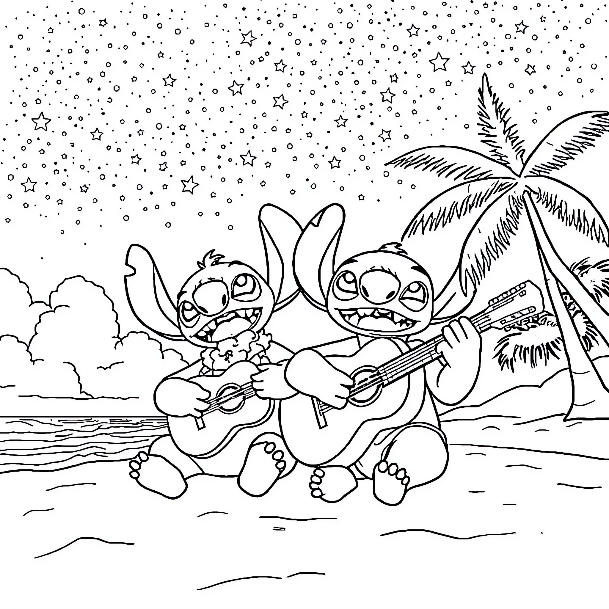Lilo and Stitch playing guitars on the beach Coloring Page (free black-and-white line drawing printable PDF for all, from beginners to advanced learners, including children, teens, adults, and seniors)