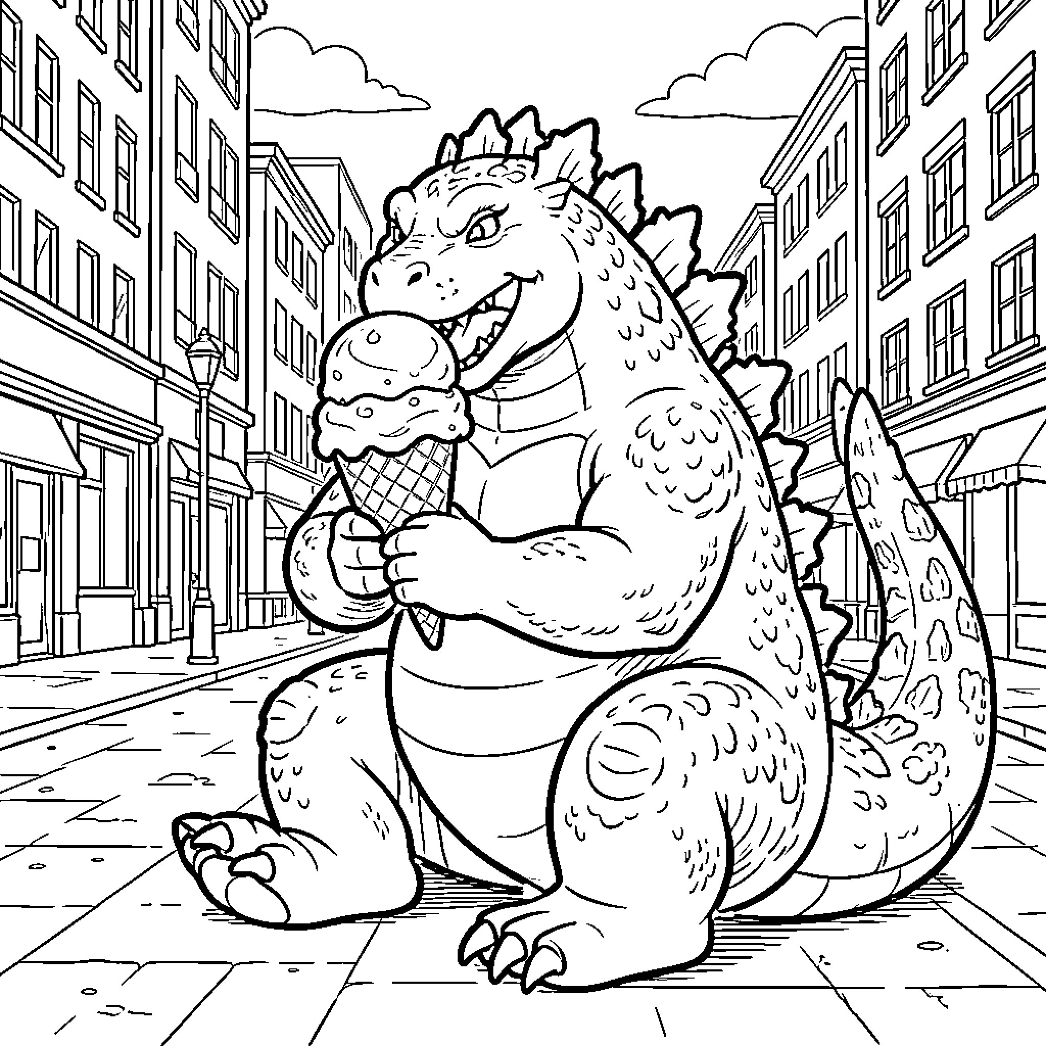 Godzilla happily eating a large ice cream cone Coloring Page (free black-and-white line drawing printable PDF for all, from beginners to advanced learners, including children, teens, adults, and seniors)