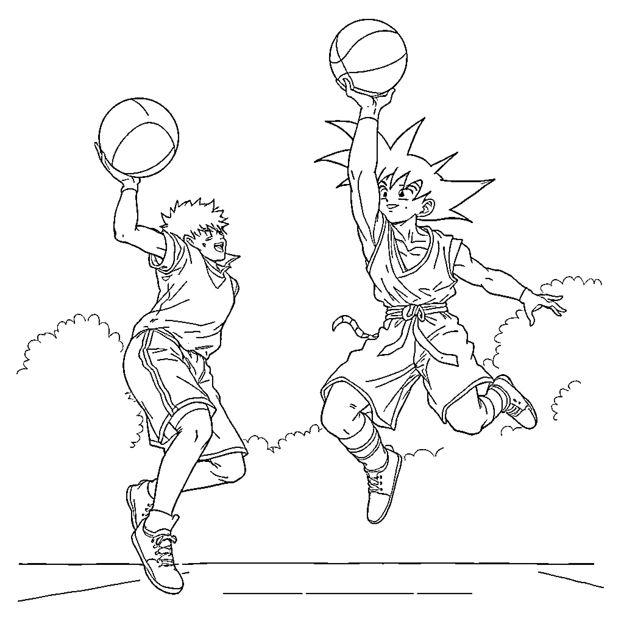 Rin Okumura playing basketball enthusiastically Coloring Page (free black-and-white line drawing printable PDF for all, from beginners to advanced learners, including children, teens, adults, and seniors)