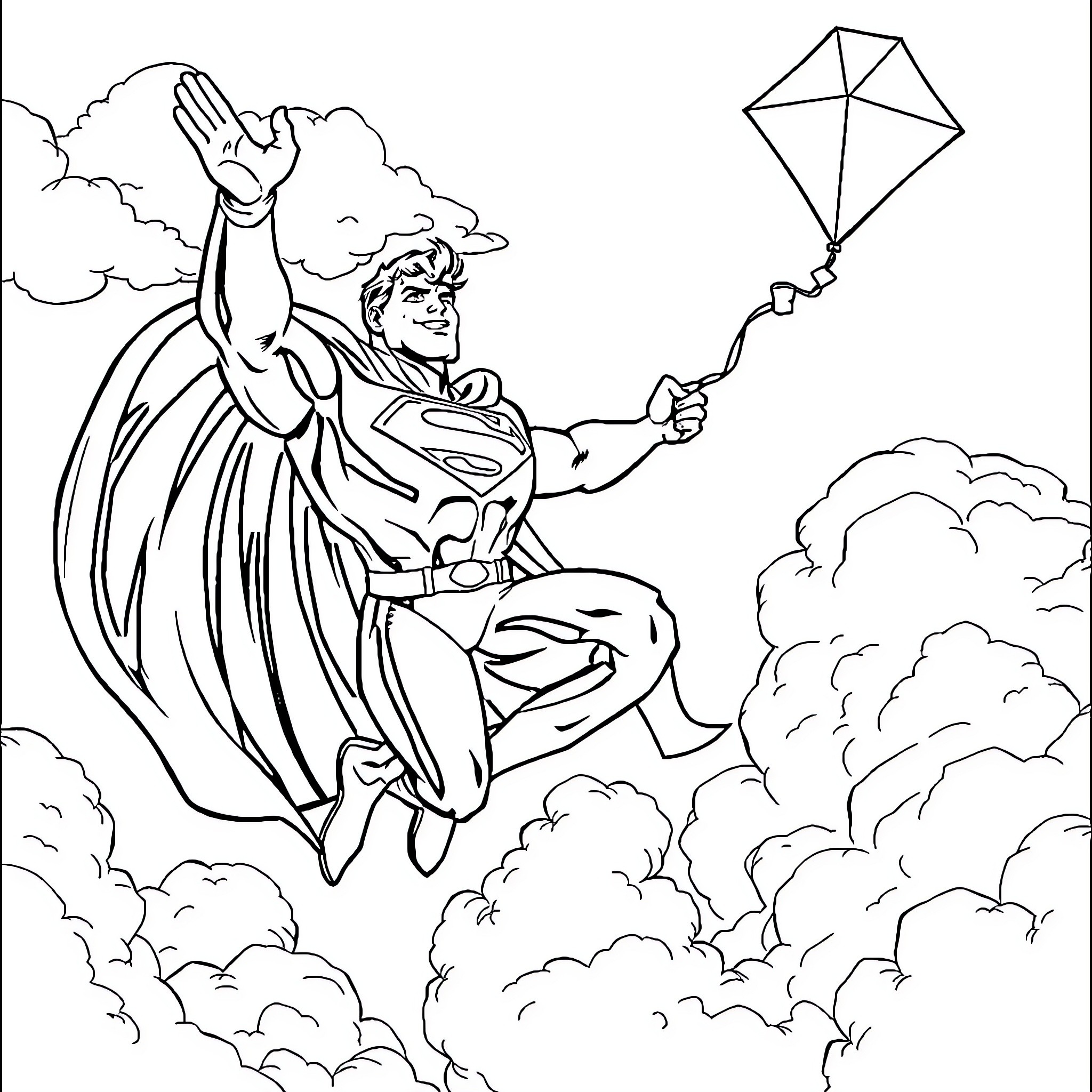 Superman flying heroically with a kite in the sky Coloring Page (free black-and-white line drawing printable PDF for all, from beginners to advanced learners, including children, teens, adults, and seniors)