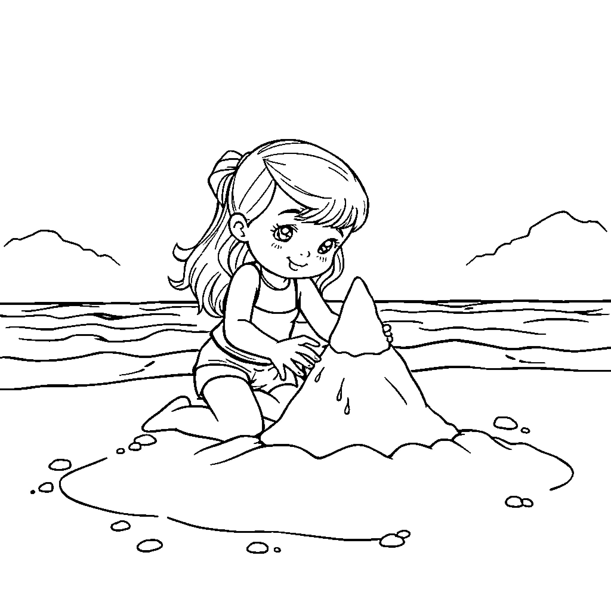Nijntje enjoys a day at the beach Coloring Page (free black-and-white line drawing printable PDF for all, from beginners to advanced learners, including children, teens, adults, and seniors)