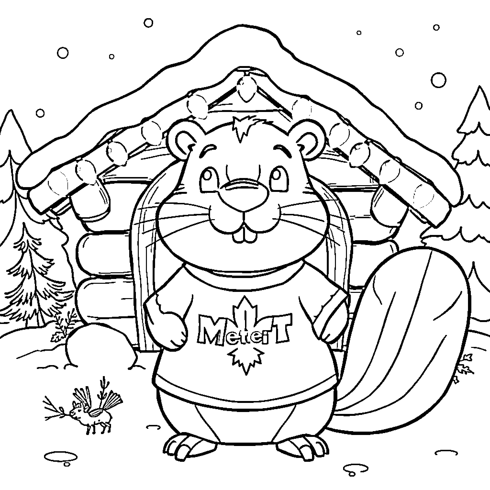 Beaver wearing winter clothing in a snowy landscape Coloring Page (free black-and-white line drawing printable PDF for all, from beginners to advanced learners, including children, teens, adults, and seniors)