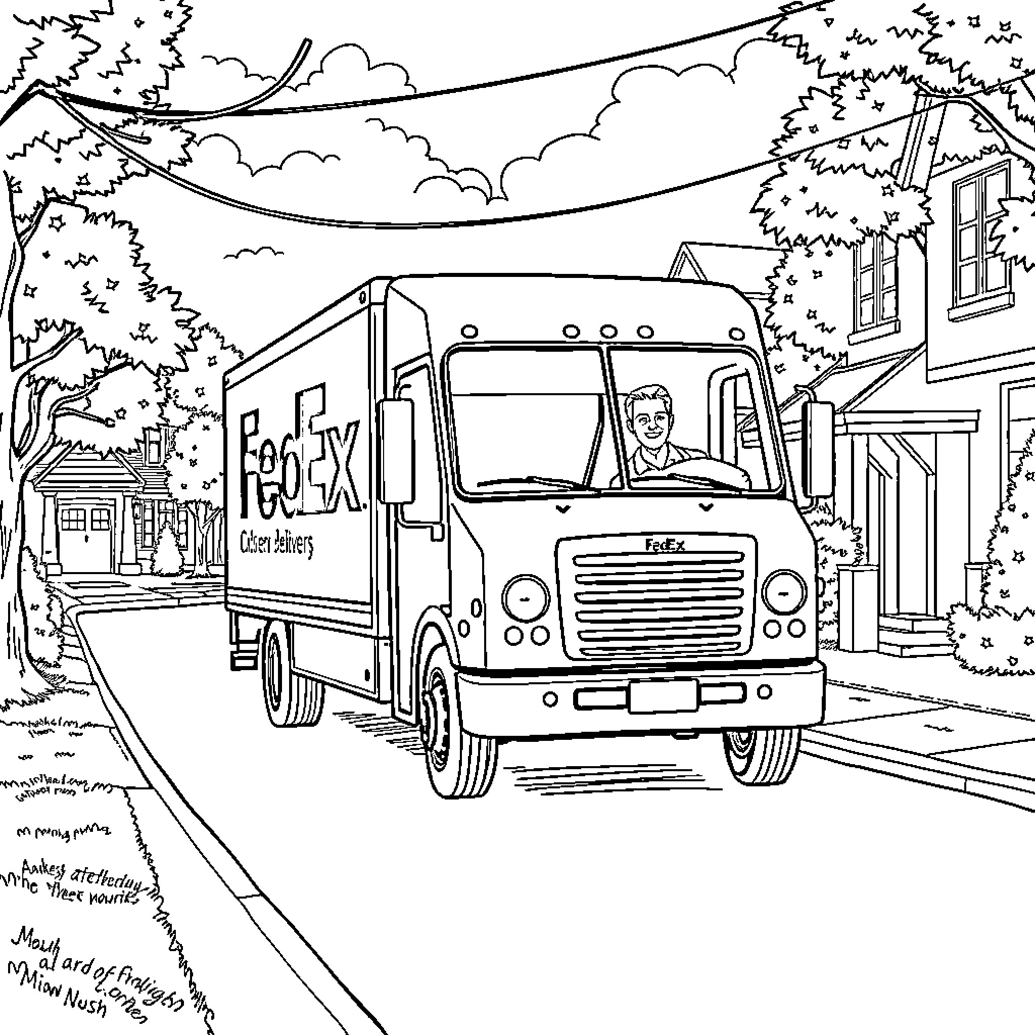 FedEx Truck delivering packages in a neighborhood Coloring Page (free black-and-white line drawing printable PDF for all, from beginners to advanced learners, including children, teens, adults, and seniors)
