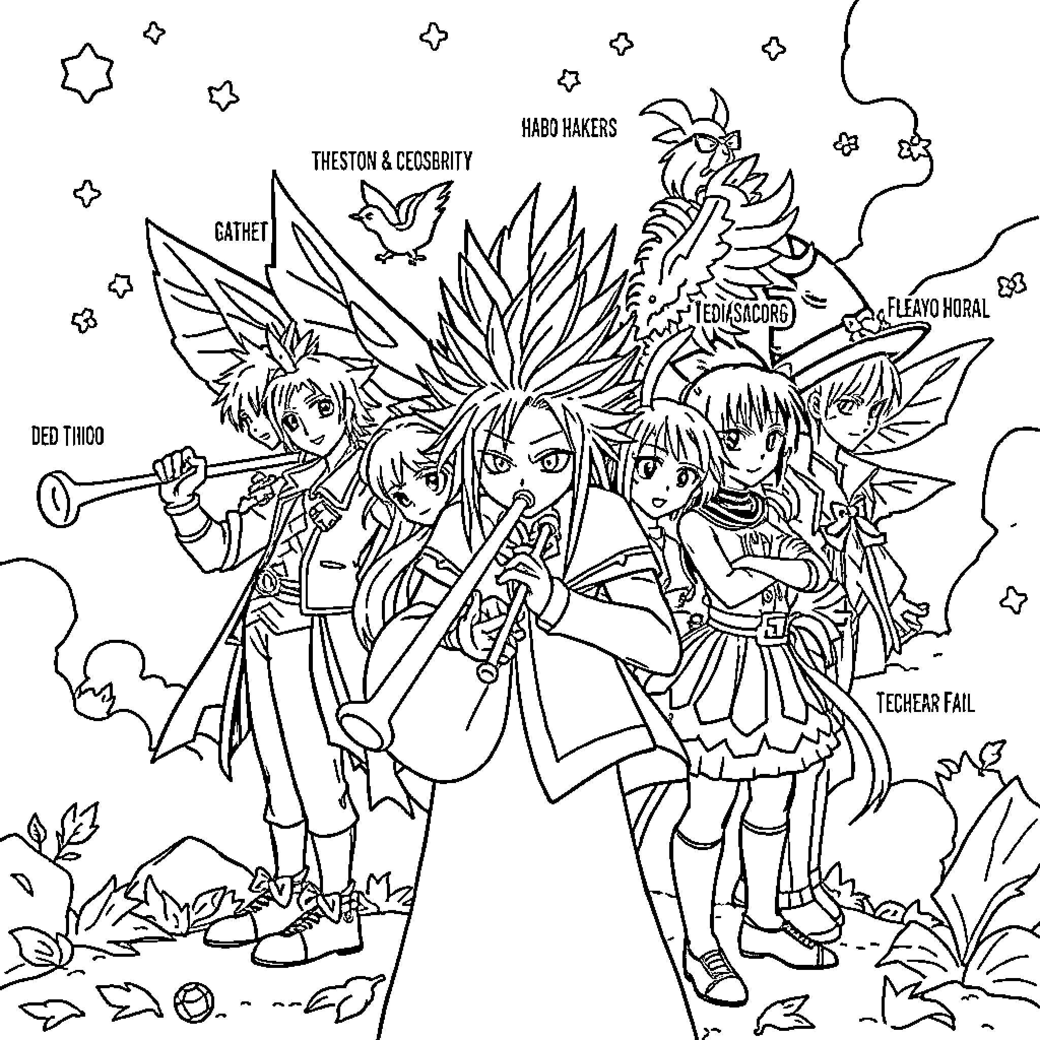 Fairy Tail: Mages on a Magical Adventure Coloring Page (free black-and-white line drawing printable PDF for all, from beginners to advanced learners, including children, teens, adults, and seniors)