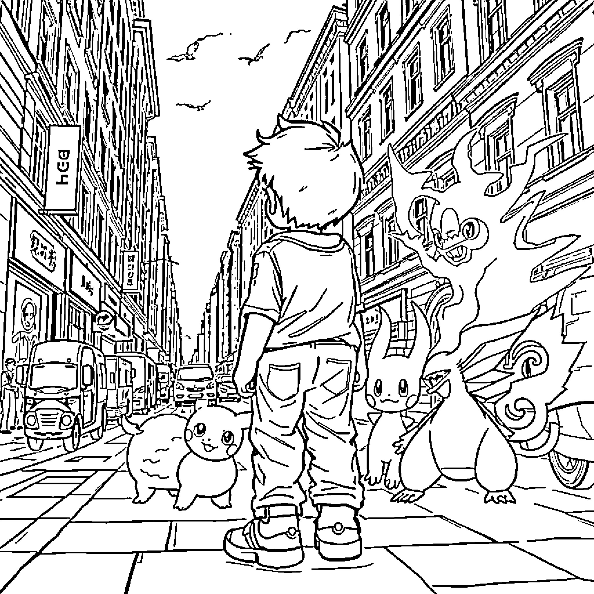 Pokémon characters exploring the city streets Coloring Page (free black-and-white line drawing printable PDF for all, from beginners to advanced learners, including children, teens, adults, and seniors)