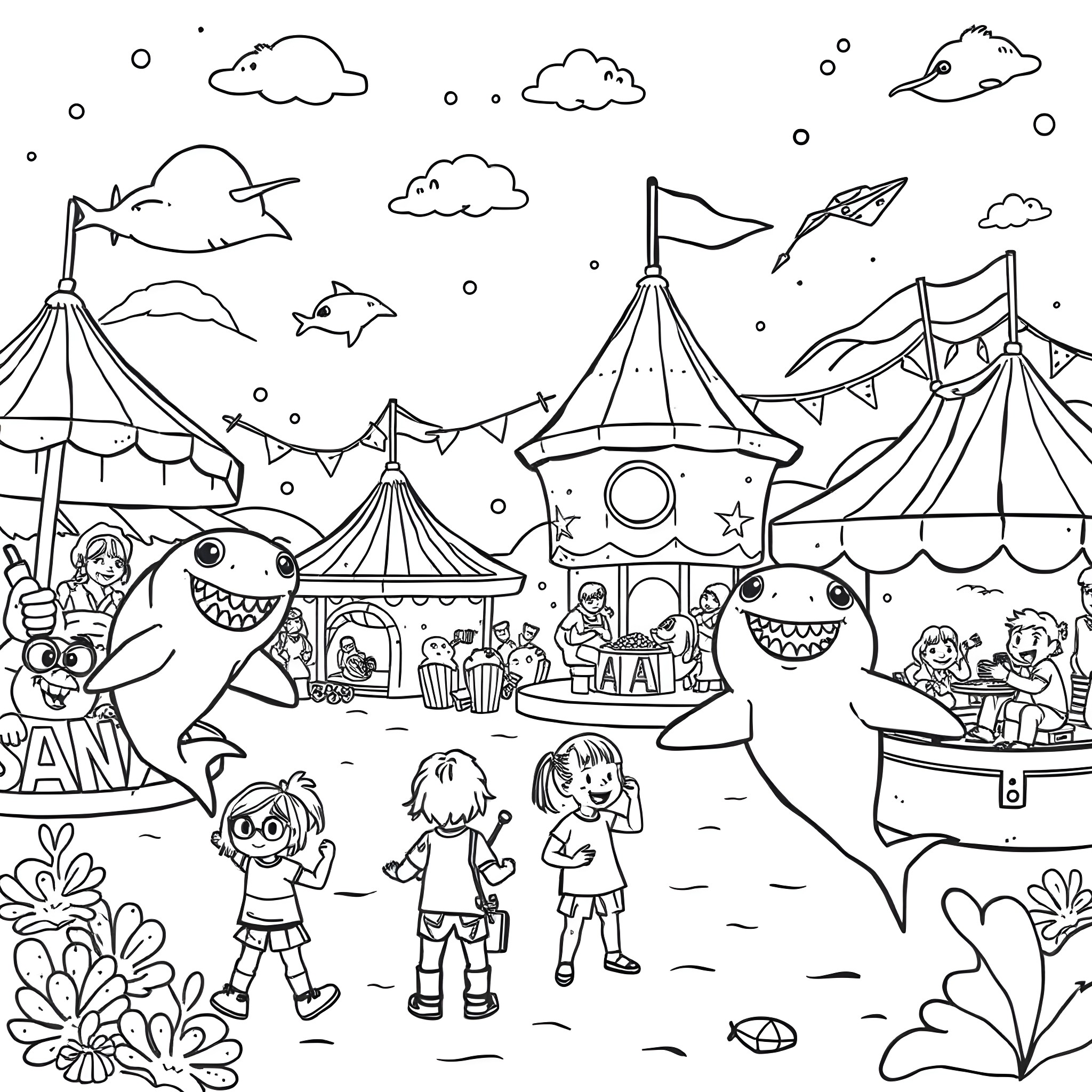 Shark-themed carnival with rides and activities Coloring Page (free black-and-white line drawing printable PDF for all, from beginners to advanced learners, including children, teens, adults, and seniors)