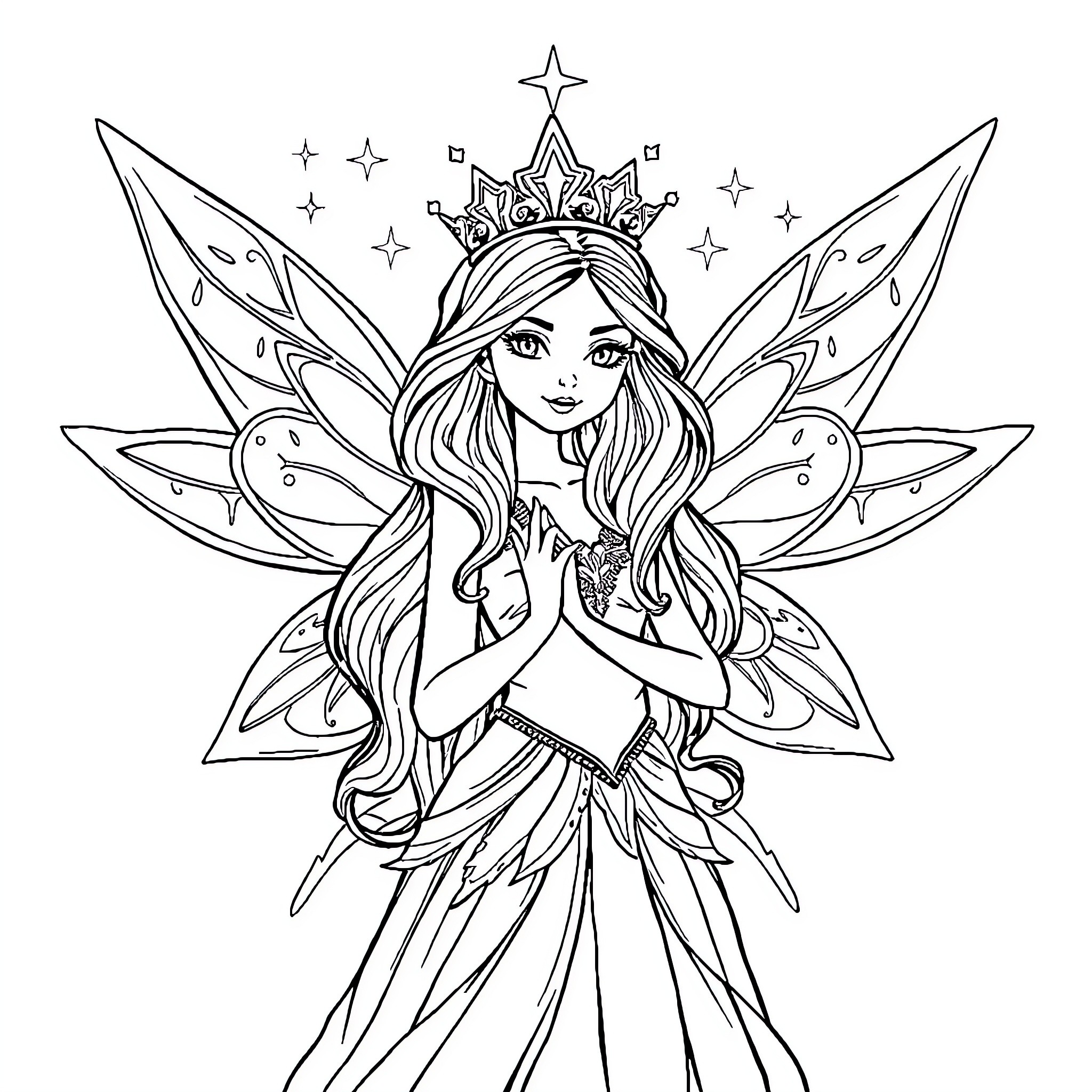 Fairy with Elegant Crown and Flowing Dress Coloring Page (free black-and-white line drawing printable PDF for all, from beginners to advanced learners, including children, teens, adults, and seniors)