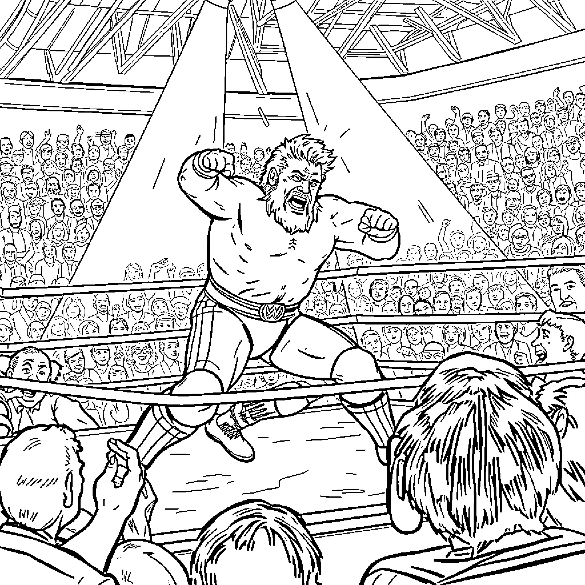 Pro Wrestler Dominates the Wrestling Ring Coloring Page (free black-and-white line drawing printable PDF for all, from beginners to advanced learners, including children, teens, adults, and seniors)