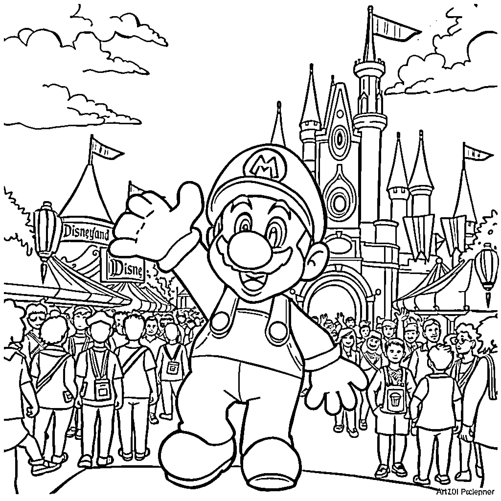 Mario exploring the magical Disneyland park Coloring Page (free black-and-white line drawing printable PDF for all, from beginners to advanced learners, including children, teens, adults, and seniors)