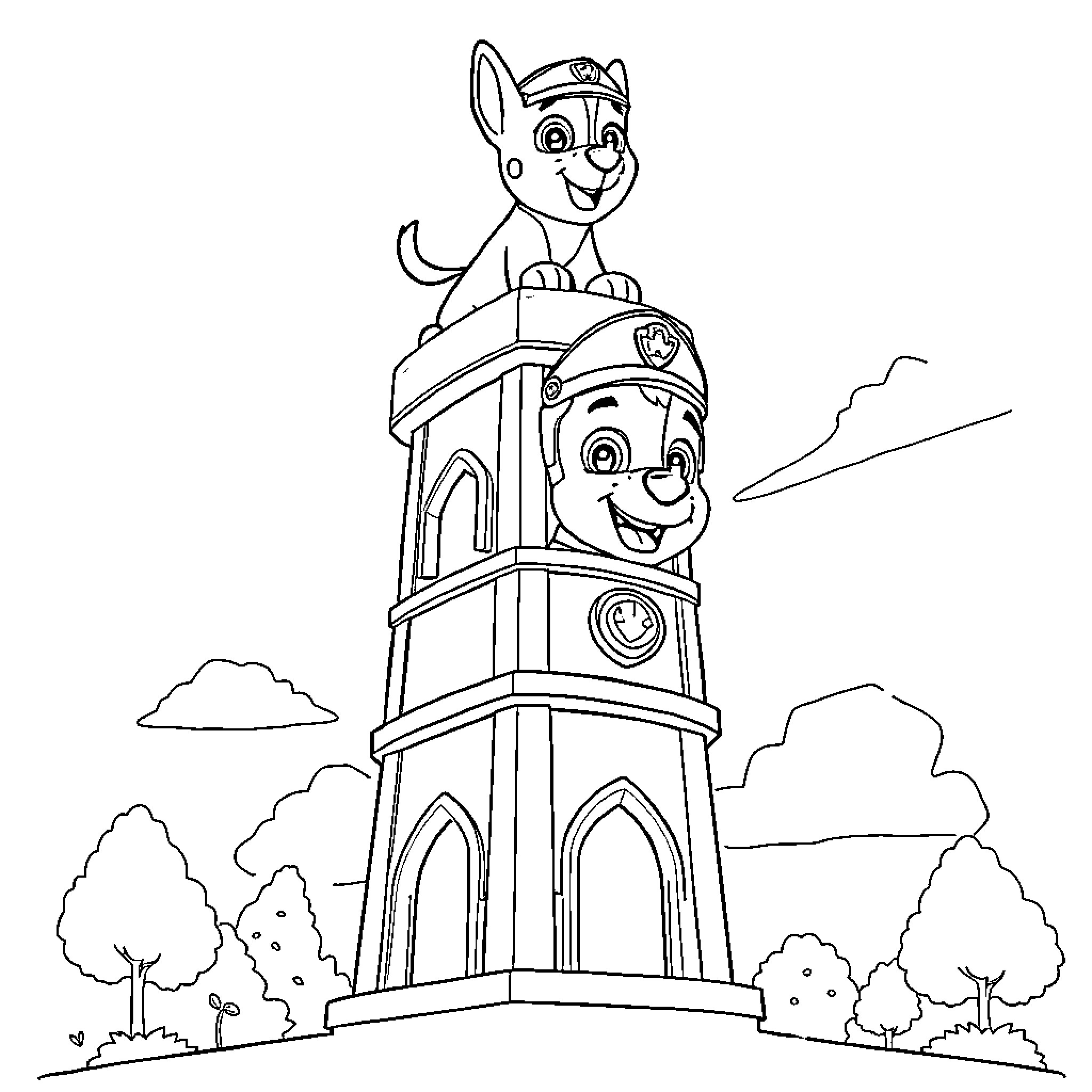 Paw Patrol pups on watchtower Coloring Page (free black-and-white line drawing printable PDF for all, from beginners to advanced learners, including children, teens, adults, and seniors)