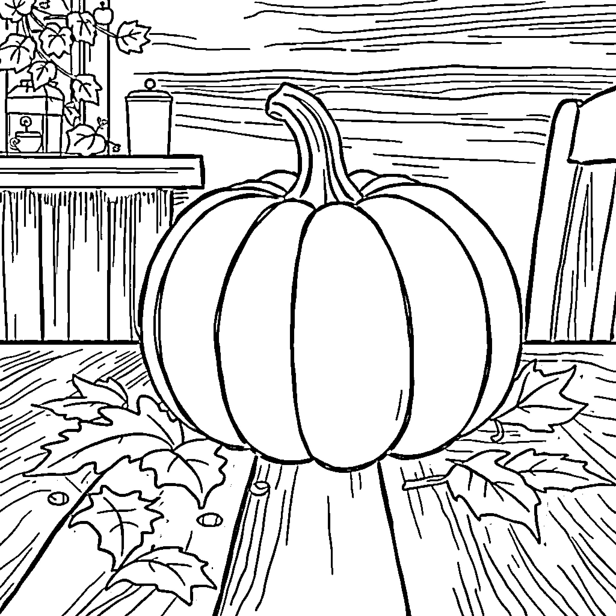 Pumpkin in Cozy Autumn Abode Coloring Page (free black-and-white line drawing printable PDF for all, from beginners to advanced learners, including children, teens, adults, and seniors)
