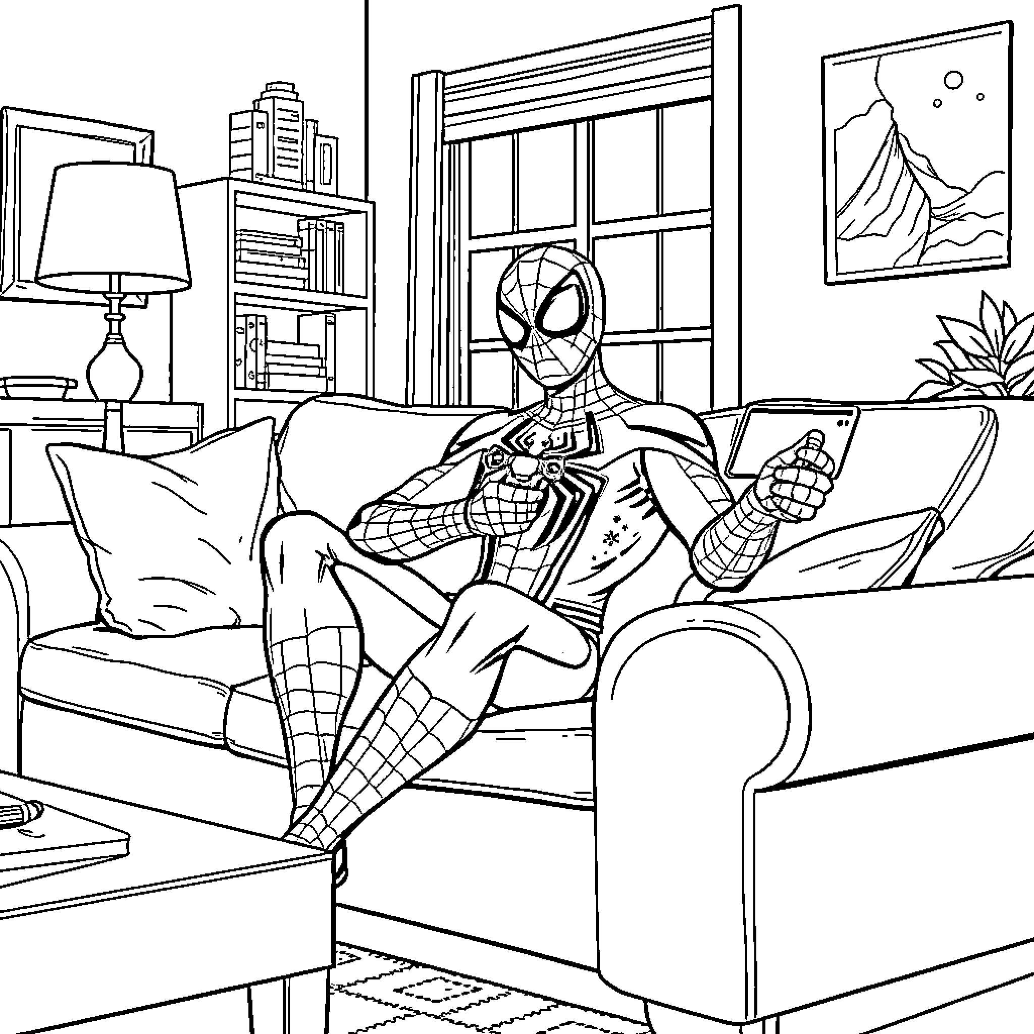 Spider-Man relaxing in his apartment Coloring Page (free black-and-white line drawing printable PDF for all, from beginners to advanced learners, including children, teens, adults, and seniors)