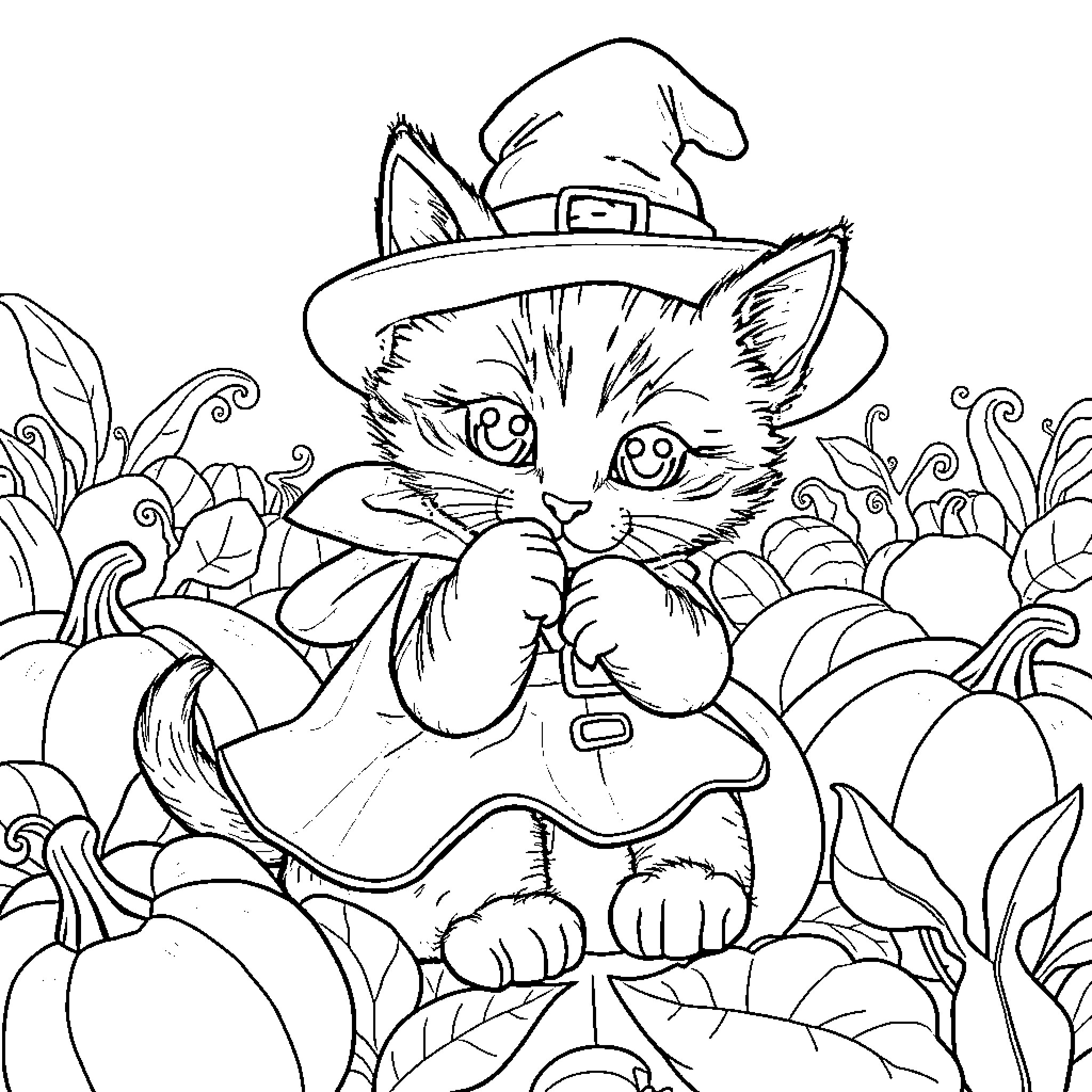 Kitten dressed up for Halloween Coloring Page (free black-and-white line drawing printable PDF for all, from beginners to advanced learners, including children, teens, adults, and seniors)