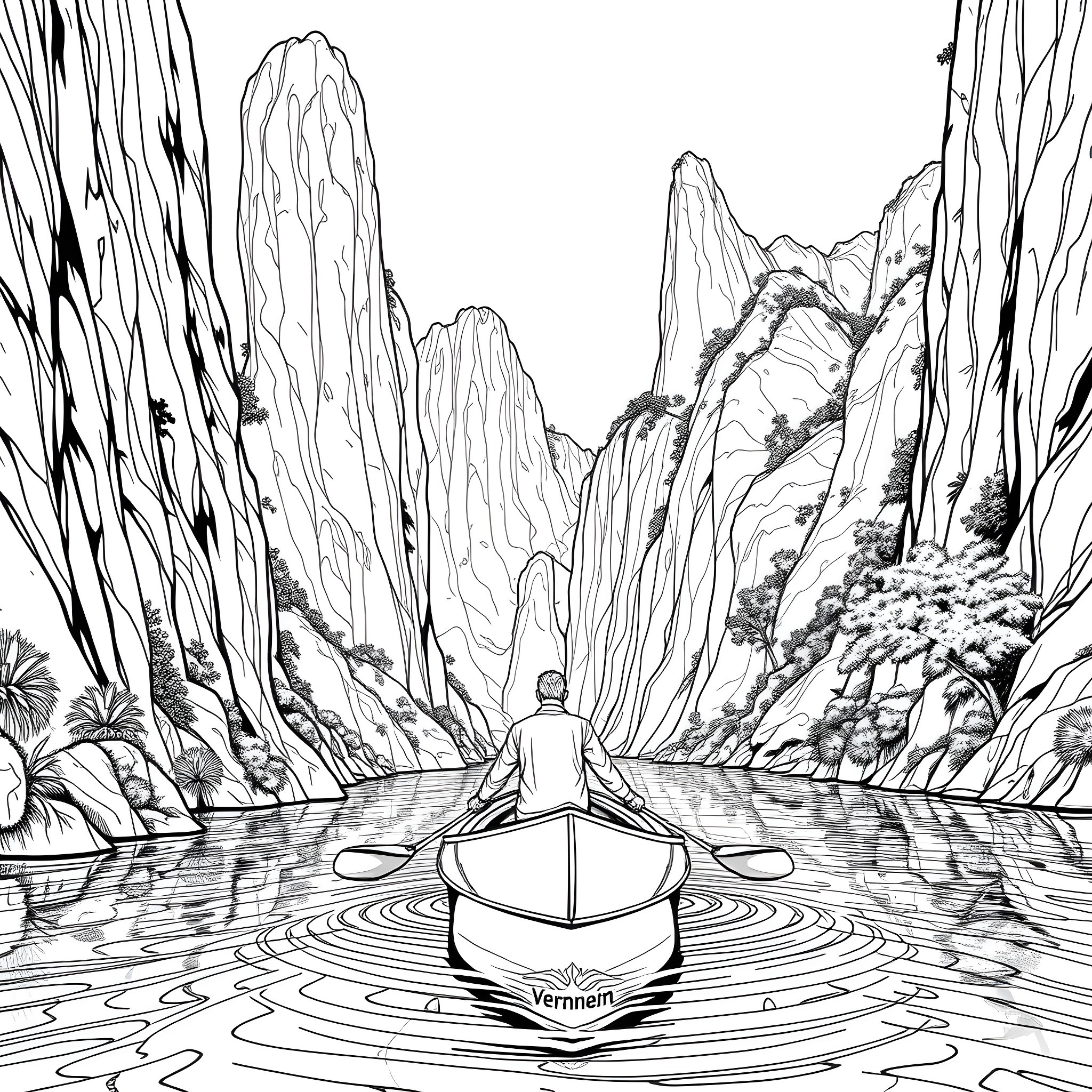 Man meditating in serene mountain lake Coloring Page (free black-and-white line drawing printable PDF for all, from beginners to advanced learners, including children, teens, adults, and seniors)