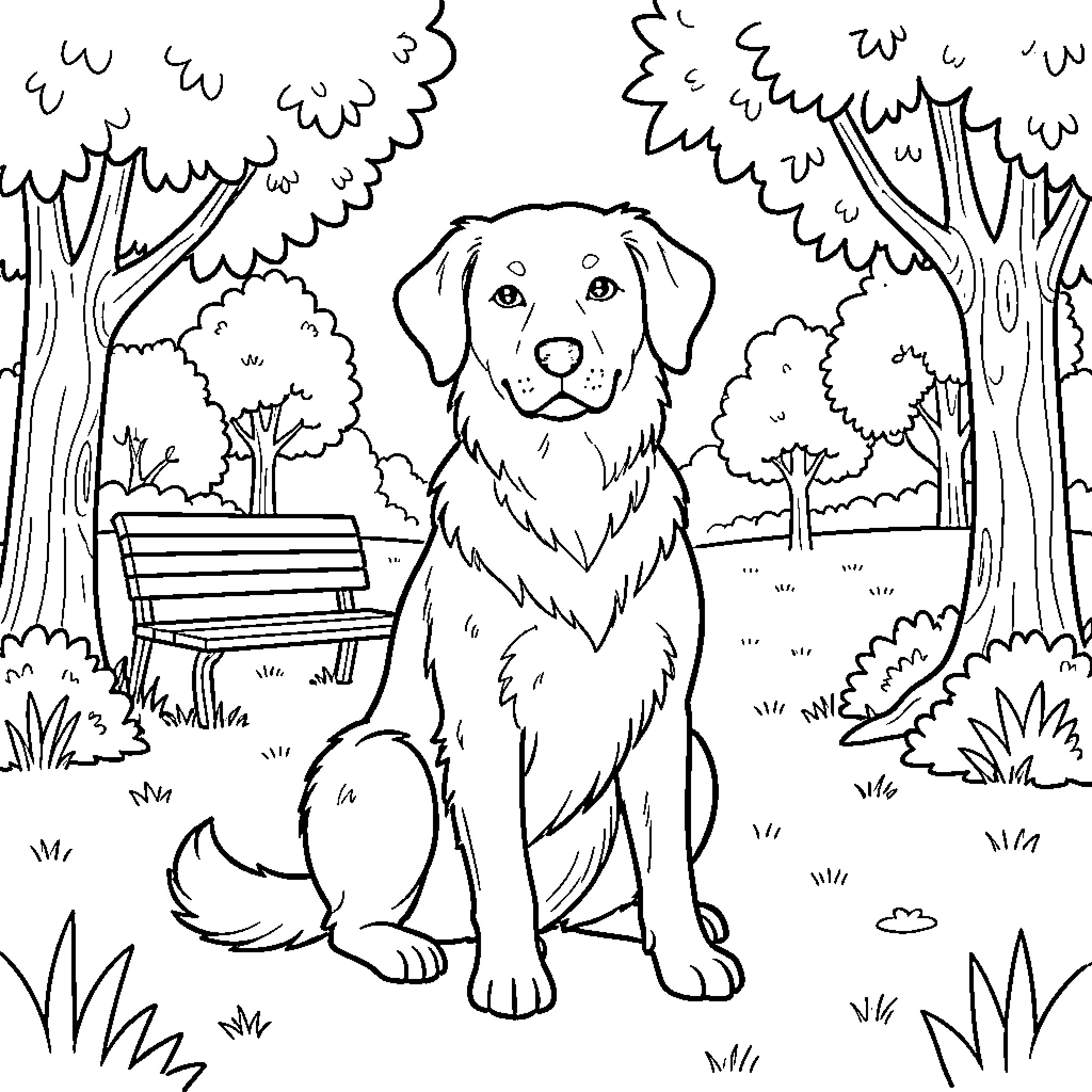 Dog enjoying nature in a peaceful park Coloring Page (free black-and-white line drawing printable PDF for all, from beginners to advanced learners, including children, teens, adults, and seniors)