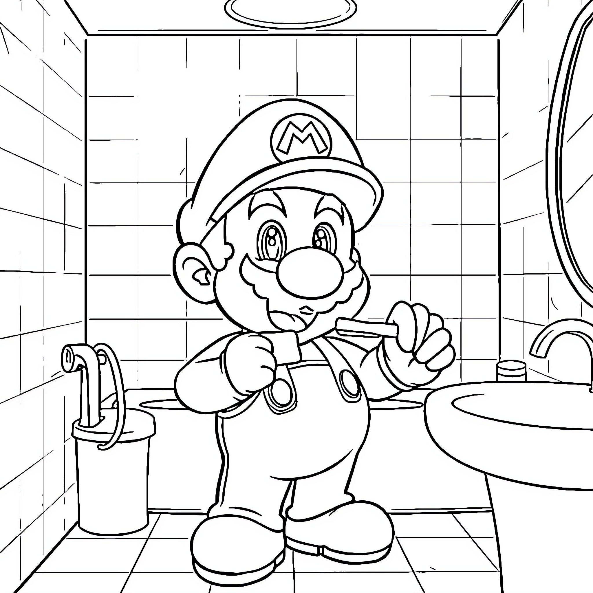 Mario's Bathroom Adventure Coloring Page (free black-and-white line drawing printable PDF for all, from beginners to advanced learners, including children, teens, adults, and seniors)
