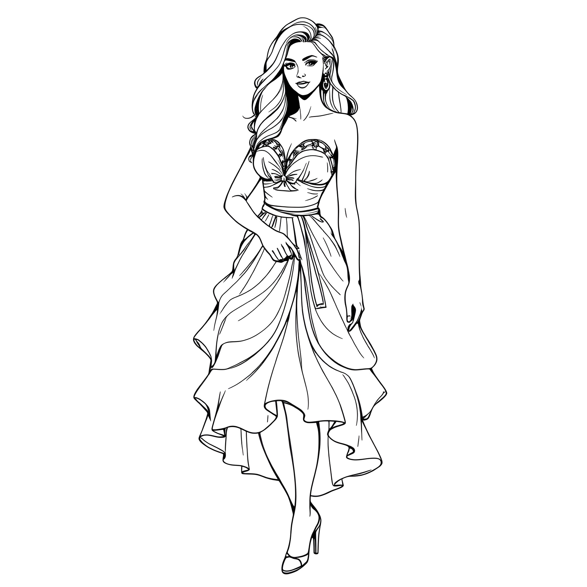 Woman in flowing dress with flowing hair Coloring Page (free black-and-white line drawing printable PDF for all, from beginners to advanced learners, including children, teens, adults, and seniors)