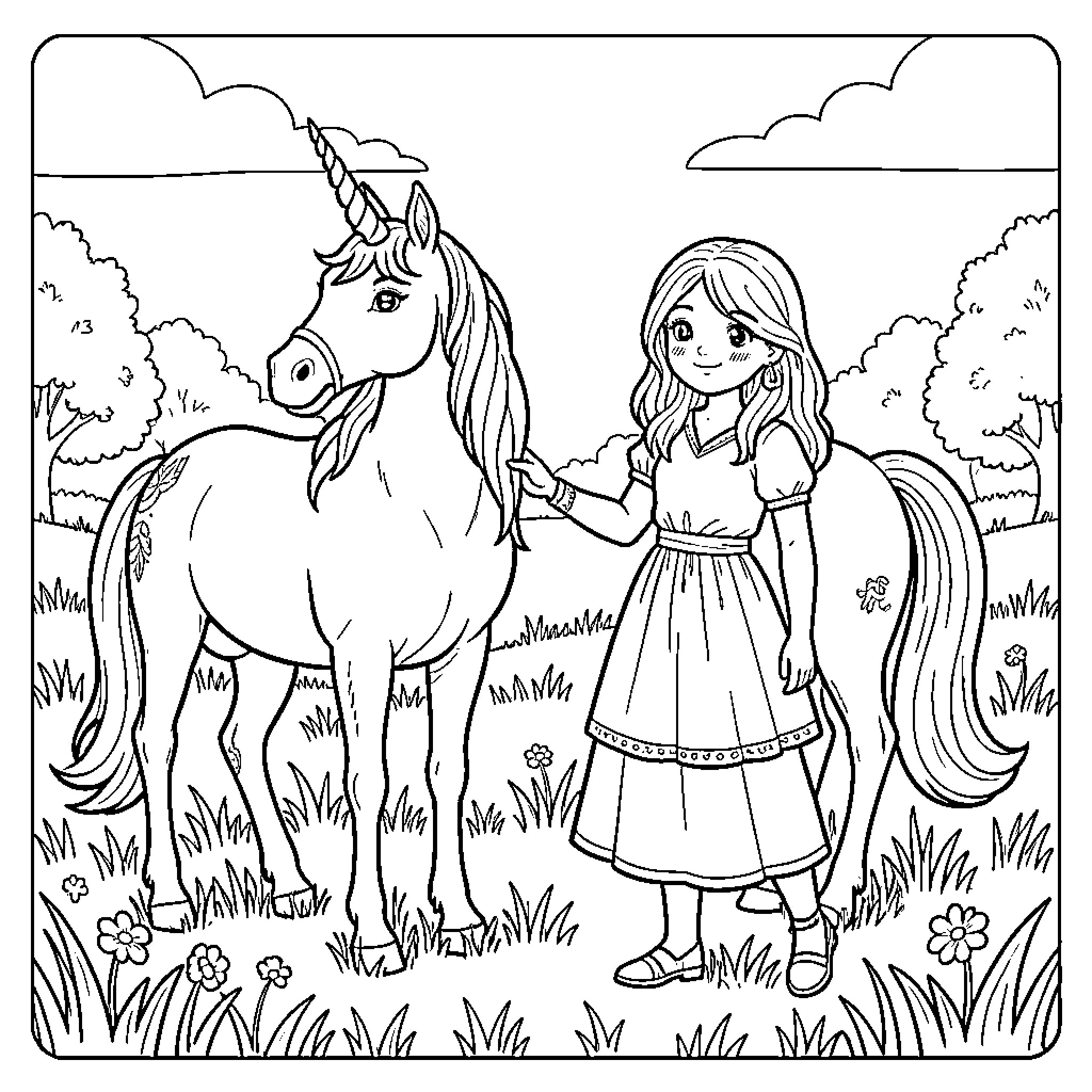Unicorn standing beside a smiling young girl in a meadow Coloring Page (free black-and-white line drawing printable PDF for all, from beginners to advanced learners, including children, teens, adults, and seniors)