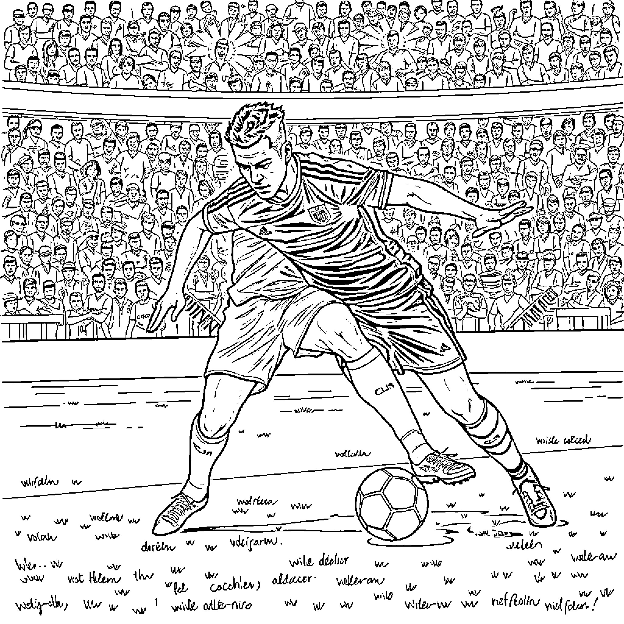 Moises Caicedo playing football in front of a large crowd Coloring Page (free black-and-white line drawing printable PDF for all, from beginners to advanced learners, including children, teens, adults, and seniors)