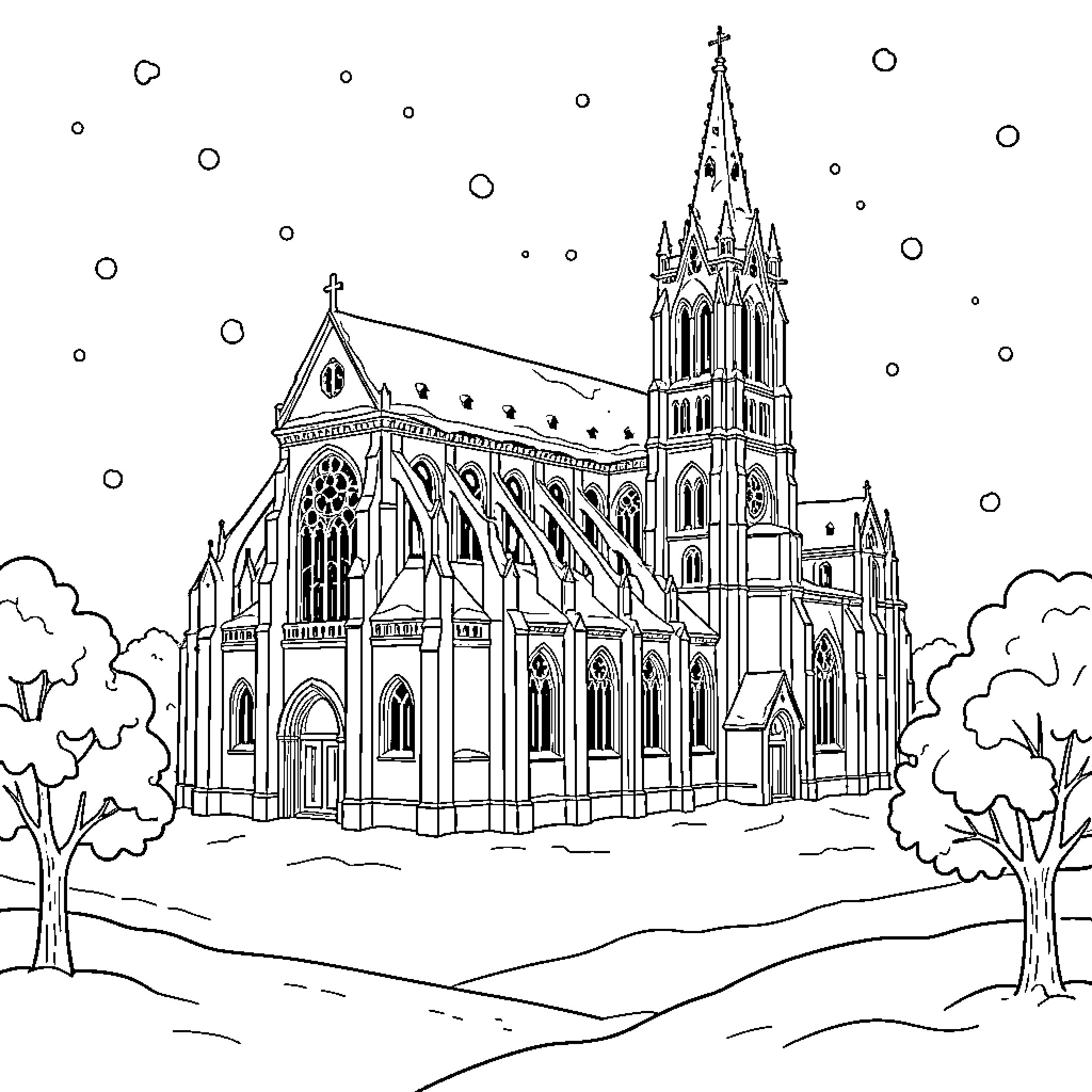 Cathedral standing tall amidst falling snow and trees Coloring Page (free black-and-white line drawing printable PDF for all, from beginners to advanced learners, including children, teens, adults, and seniors)