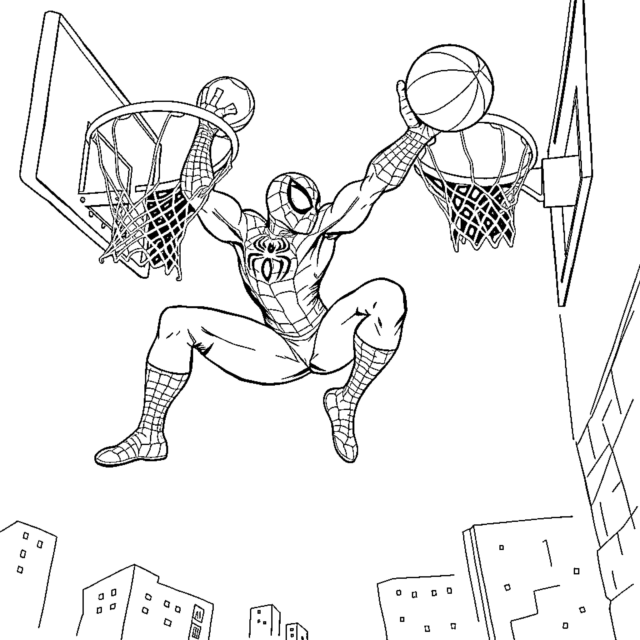 Spider-Man's Heroic Acrobatics and Basketball Prowess Coloring Page (free black-and-white line drawing printable PDF for all, from beginners to advanced learners, including children, teens, adults, and seniors)