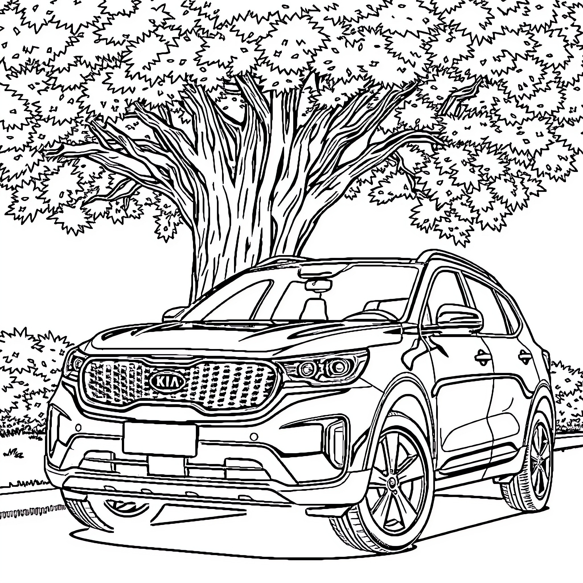 Kia K5 parked under a large tree Coloring Page (free black-and-white line drawing printable PDF for all, from beginners to advanced learners, including children, teens, adults, and seniors)