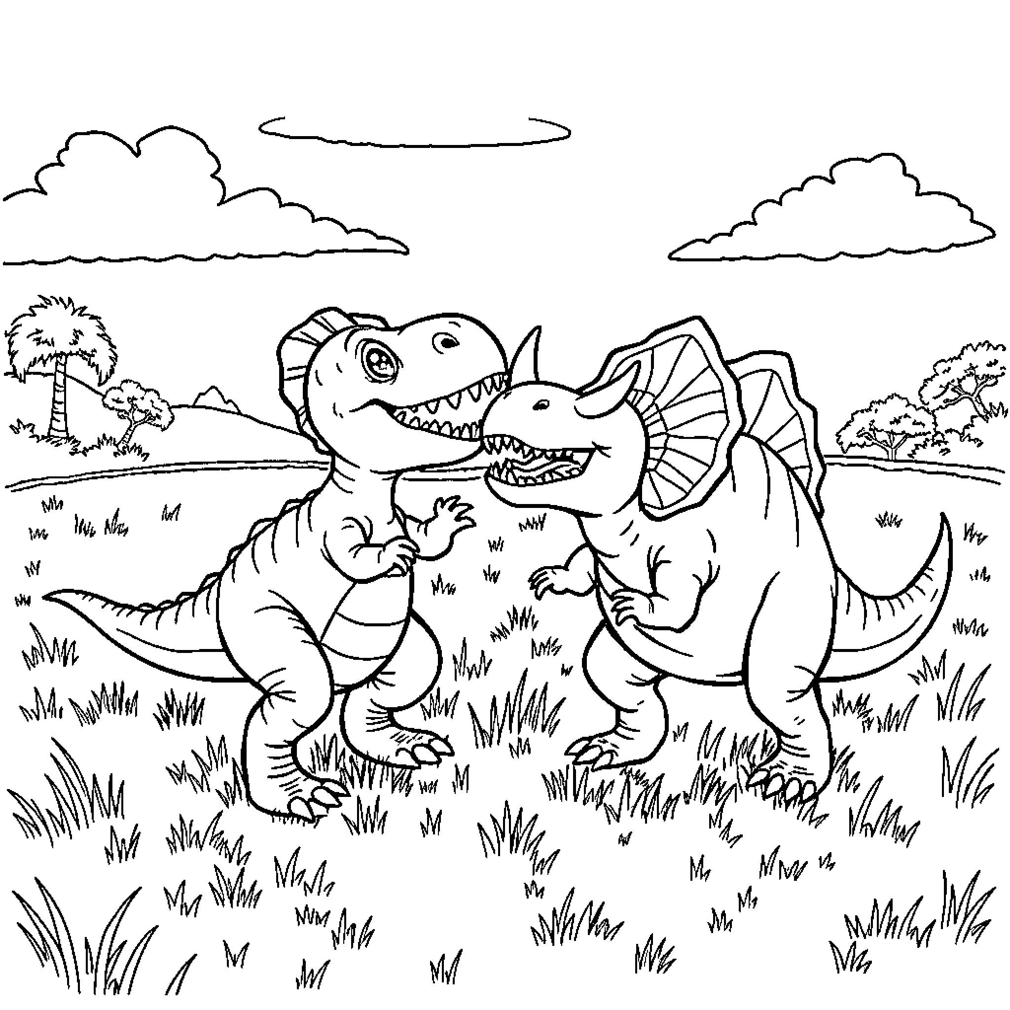 Dinosaurs engaged in playful interaction Coloring Page (free black-and-white line drawing printable PDF for all, from beginners to advanced learners, including children, teens, adults, and seniors)