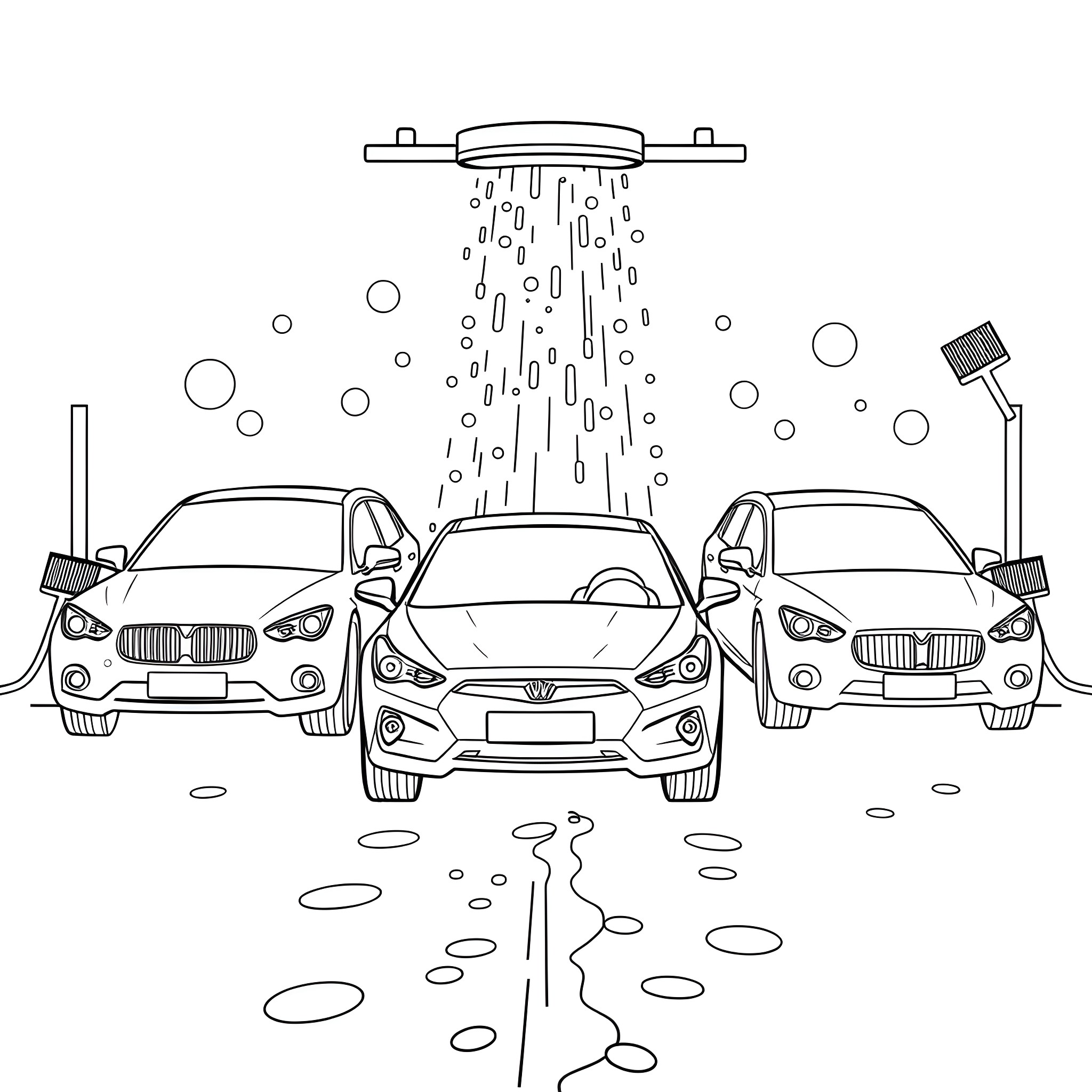 Cars parked under a car wash machine Coloring Page (free black-and-white line drawing printable PDF for all, from beginners to advanced learners, including children, teens, adults, and seniors)