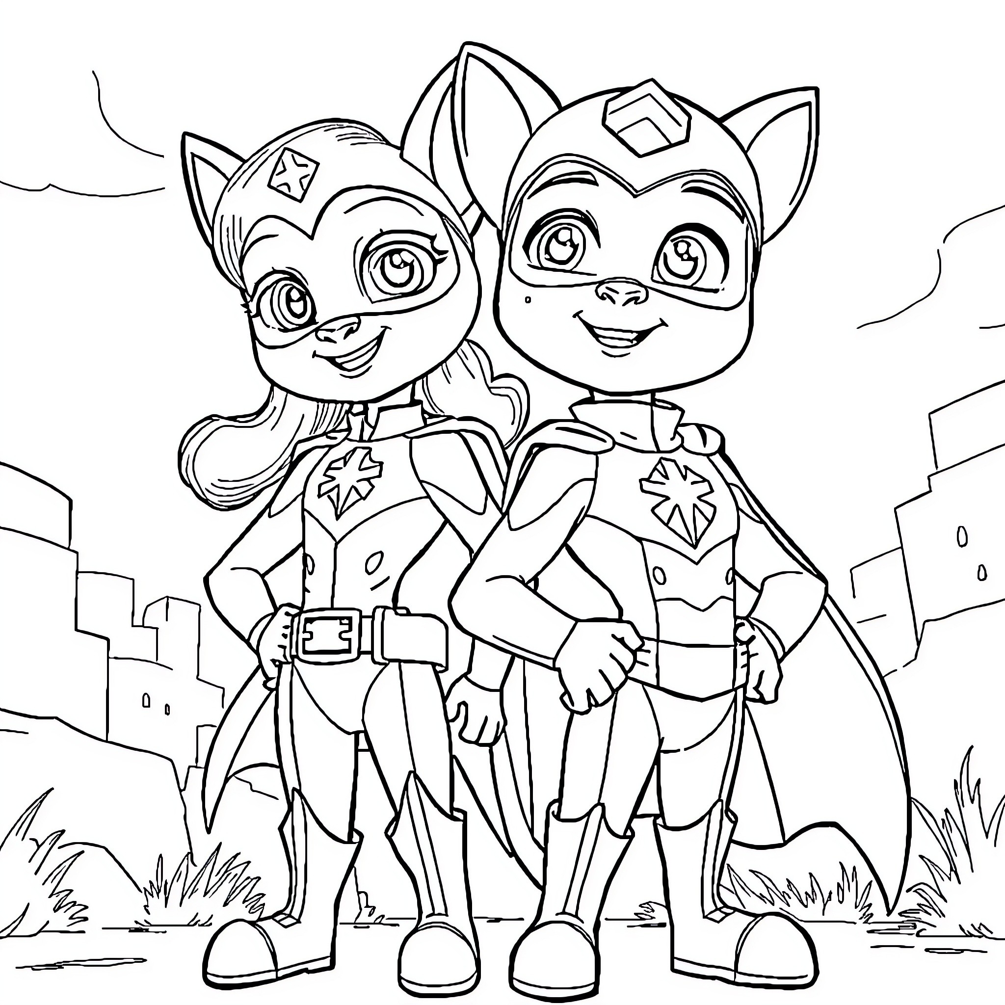 Superhero Pals in Adventurous Poses Coloring Page (free black-and-white line drawing printable PDF for all, from beginners to advanced learners, including children, teens, adults, and seniors)