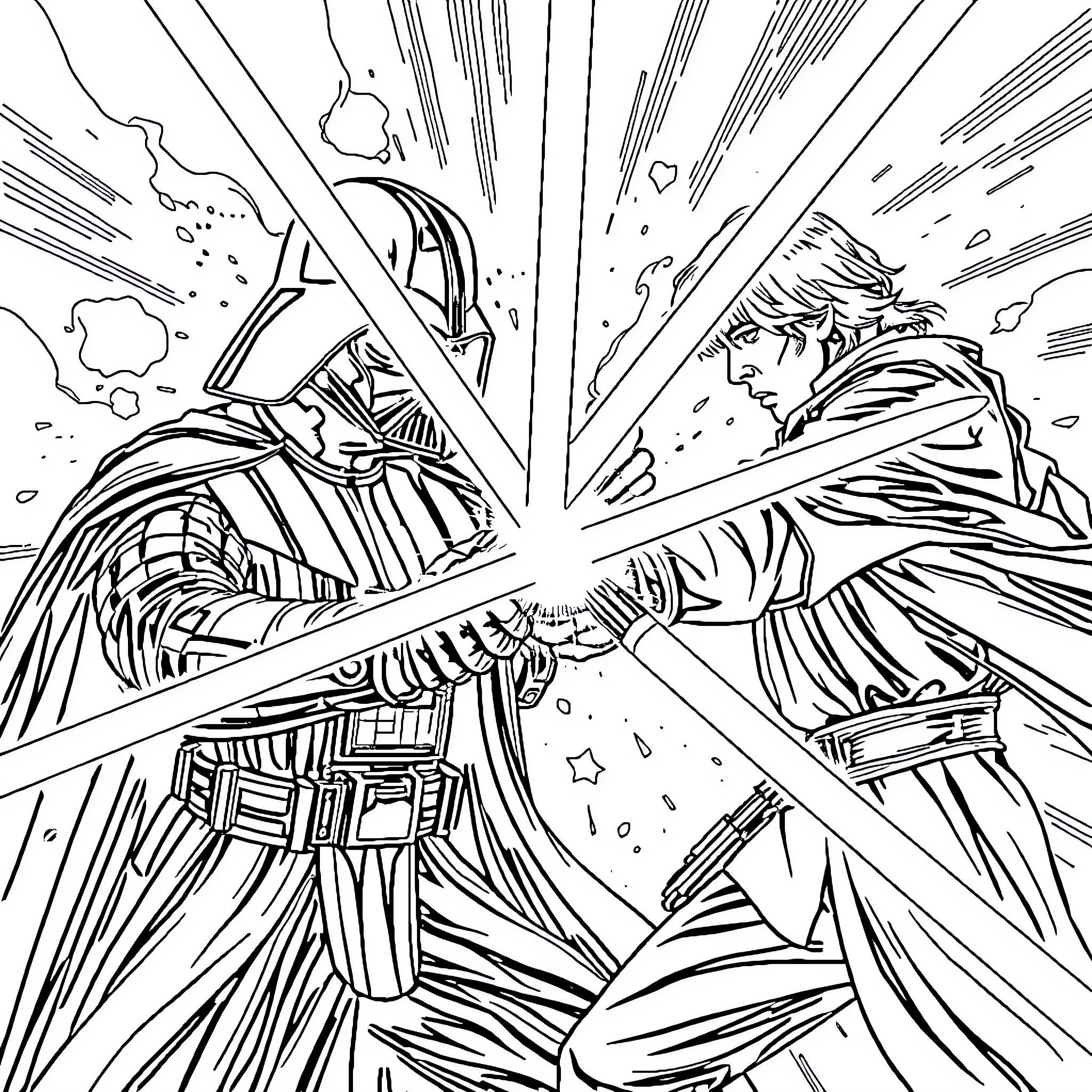 Darth Vader confronting an enemy with lightsabers Coloring Page (free black-and-white line drawing printable PDF for all, from beginners to advanced learners, including children, teens, adults, and seniors)