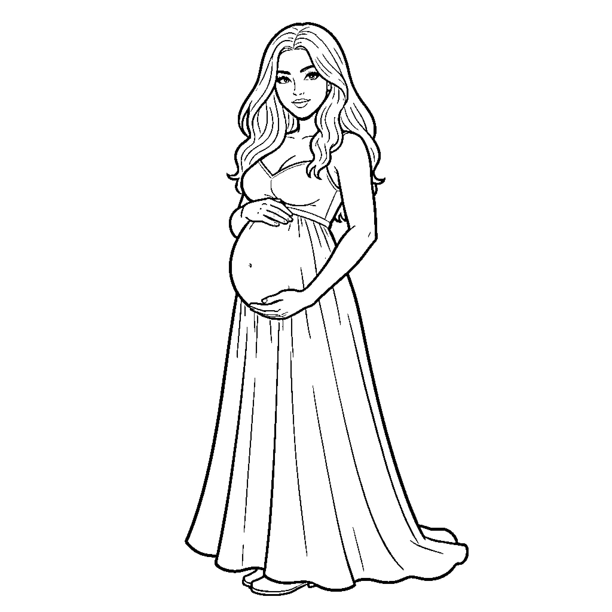 Ariana Grande in a Flowing Maternity Dress Coloring Page (free black-and-white line drawing printable PDF for all, from beginners to advanced learners, including children, teens, adults, and seniors)