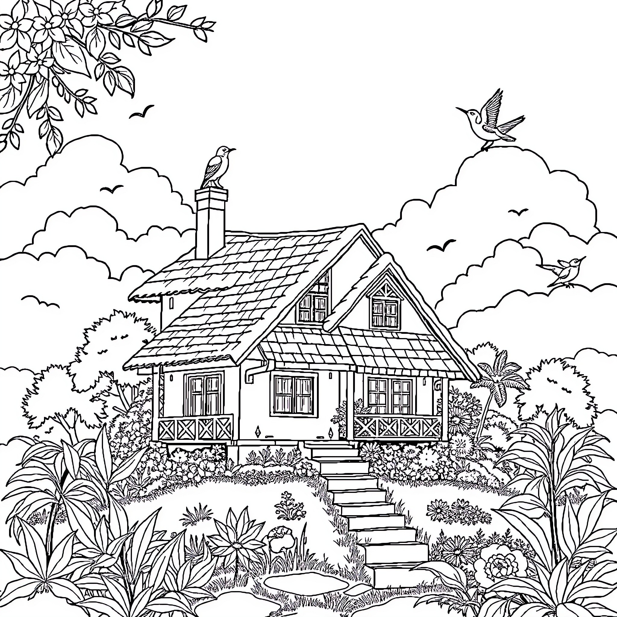 House with bird perched on chimney in scenic countryside Coloring Page (free black-and-white line drawing printable PDF for all, from beginners to advanced learners, including children, teens, adults, and seniors)