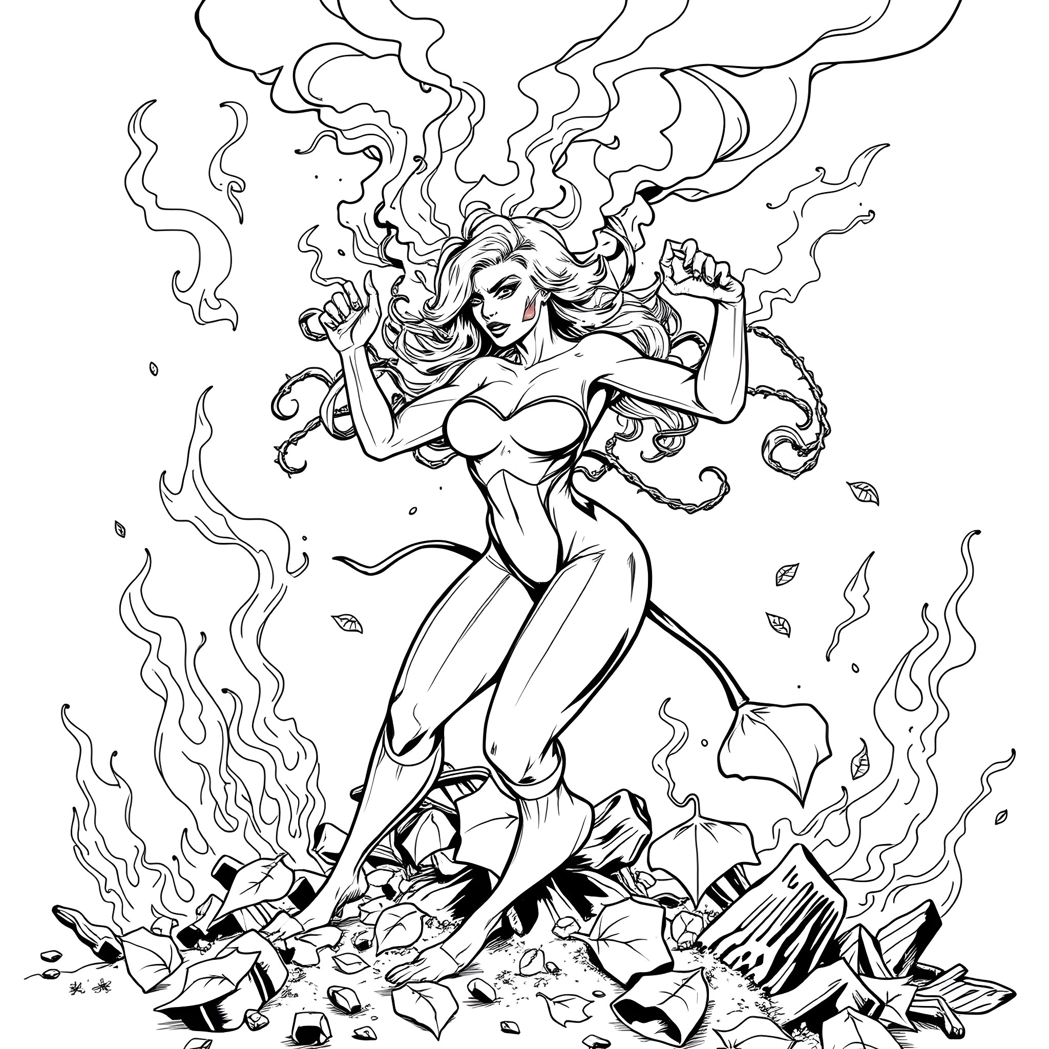 Poison Ivy unleashing her toxic wrath Coloring Page (free black-and-white line drawing printable PDF for all, from beginners to advanced learners, including children, teens, adults, and seniors)