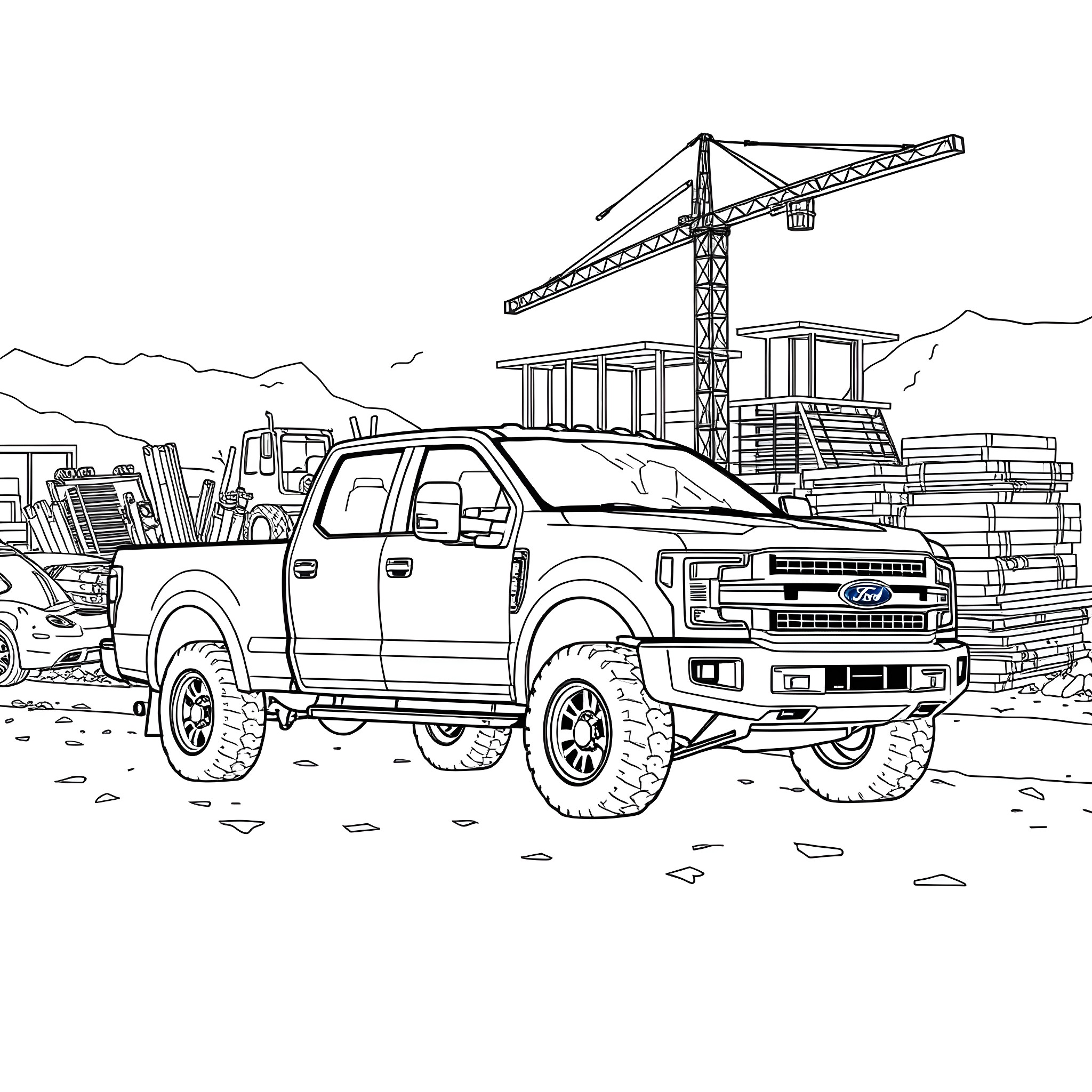 Dump Pickup Truck on Construction Site Coloring Page (free black-and-white line drawing printable PDF for all, from beginners to advanced learners, including children, teens, adults, and seniors)