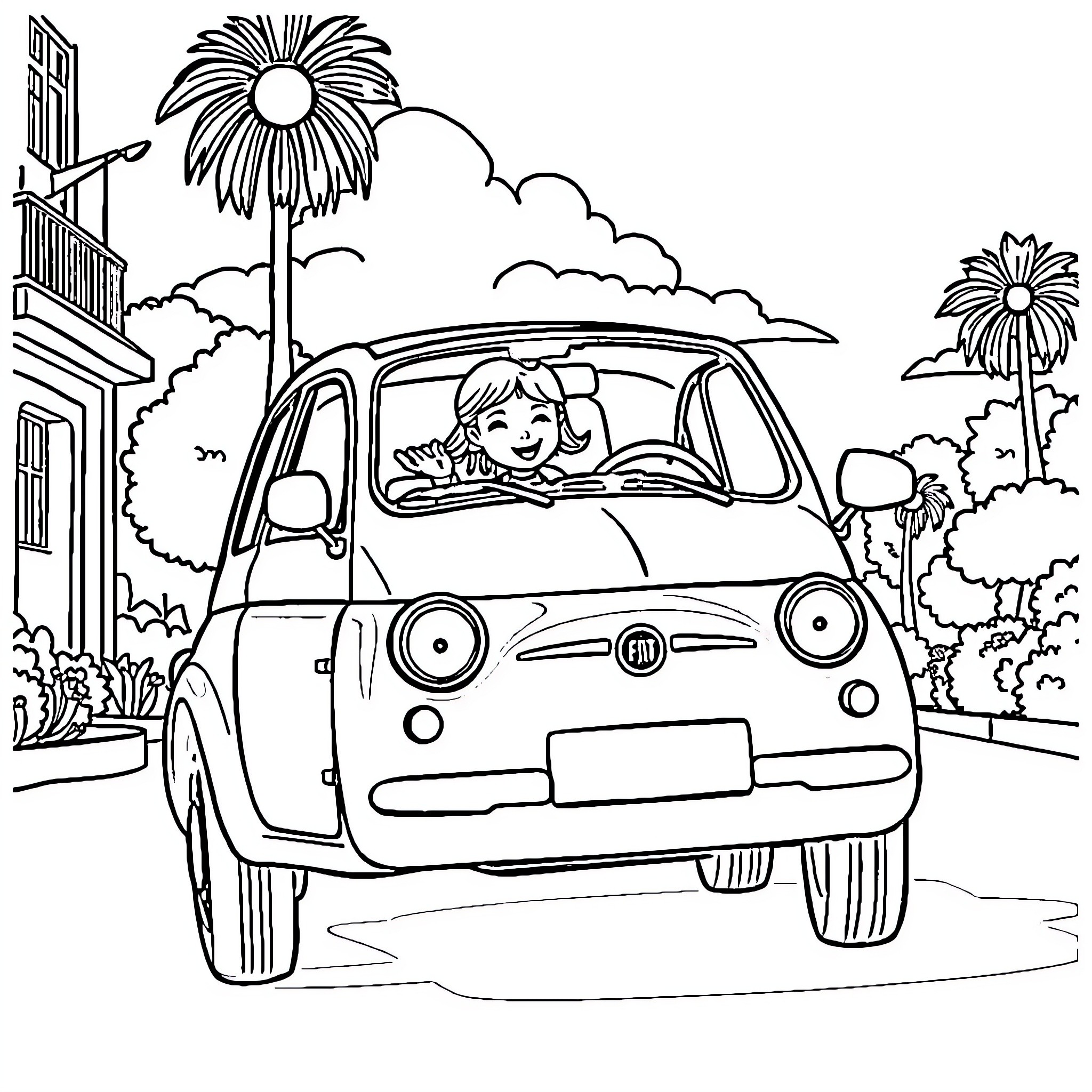 Girl Driving Retro Car in Sunny Landscape Coloring Page (free black-and-white line drawing printable PDF for all, from beginners to advanced learners, including children, teens, adults, and seniors)