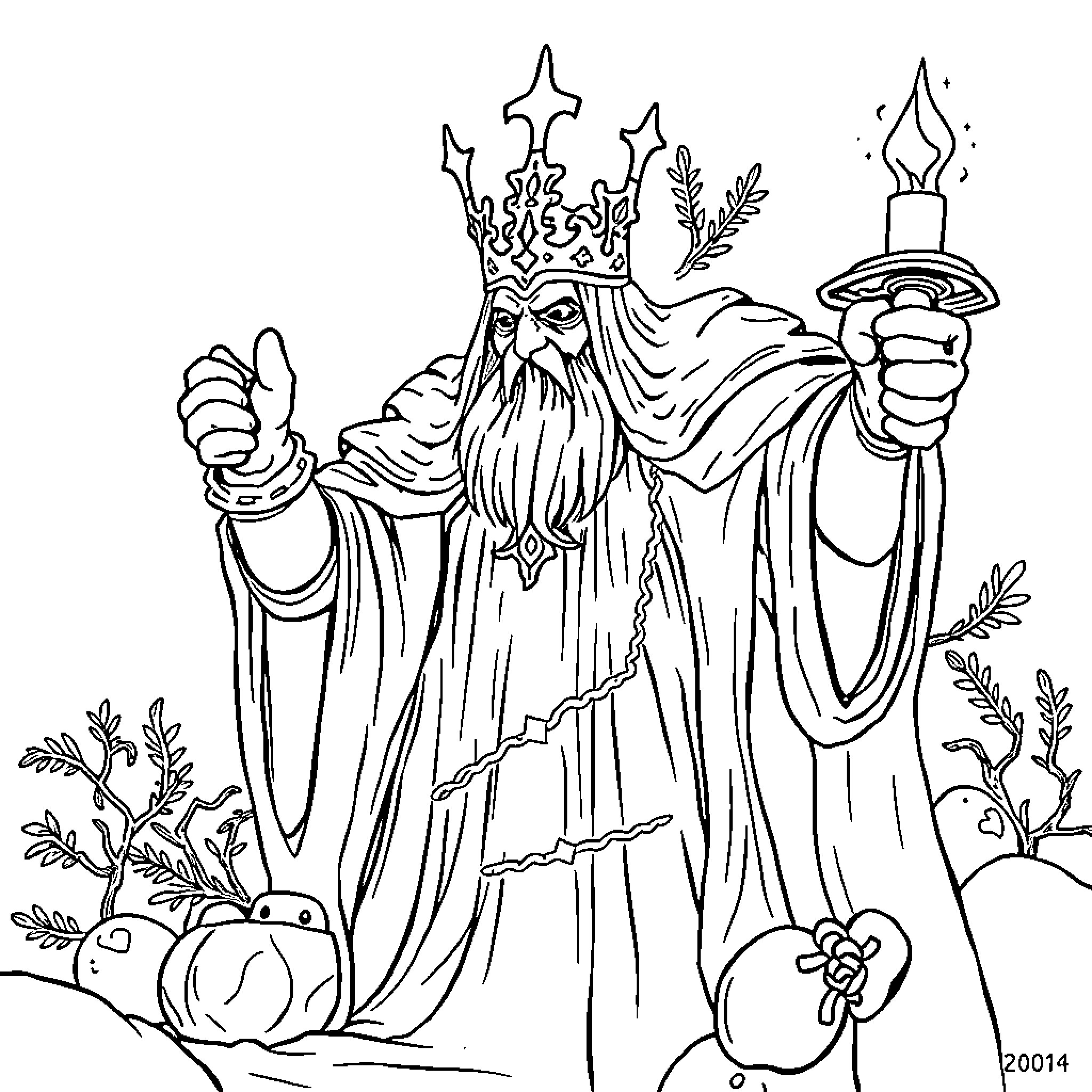 Destructor wielding powerful staff amidst mystical elements Coloring Page (free black-and-white line drawing printable PDF for all, from beginners to advanced learners, including children, teens, adults, and seniors)
