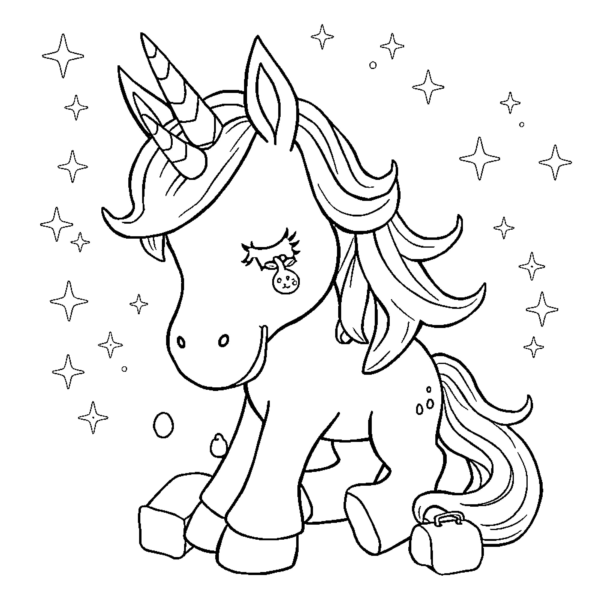 Unicorn gazing at stars in the night sky Coloring Page (free black-and-white line drawing printable PDF for all, from beginners to advanced learners, including children, teens, adults, and seniors)