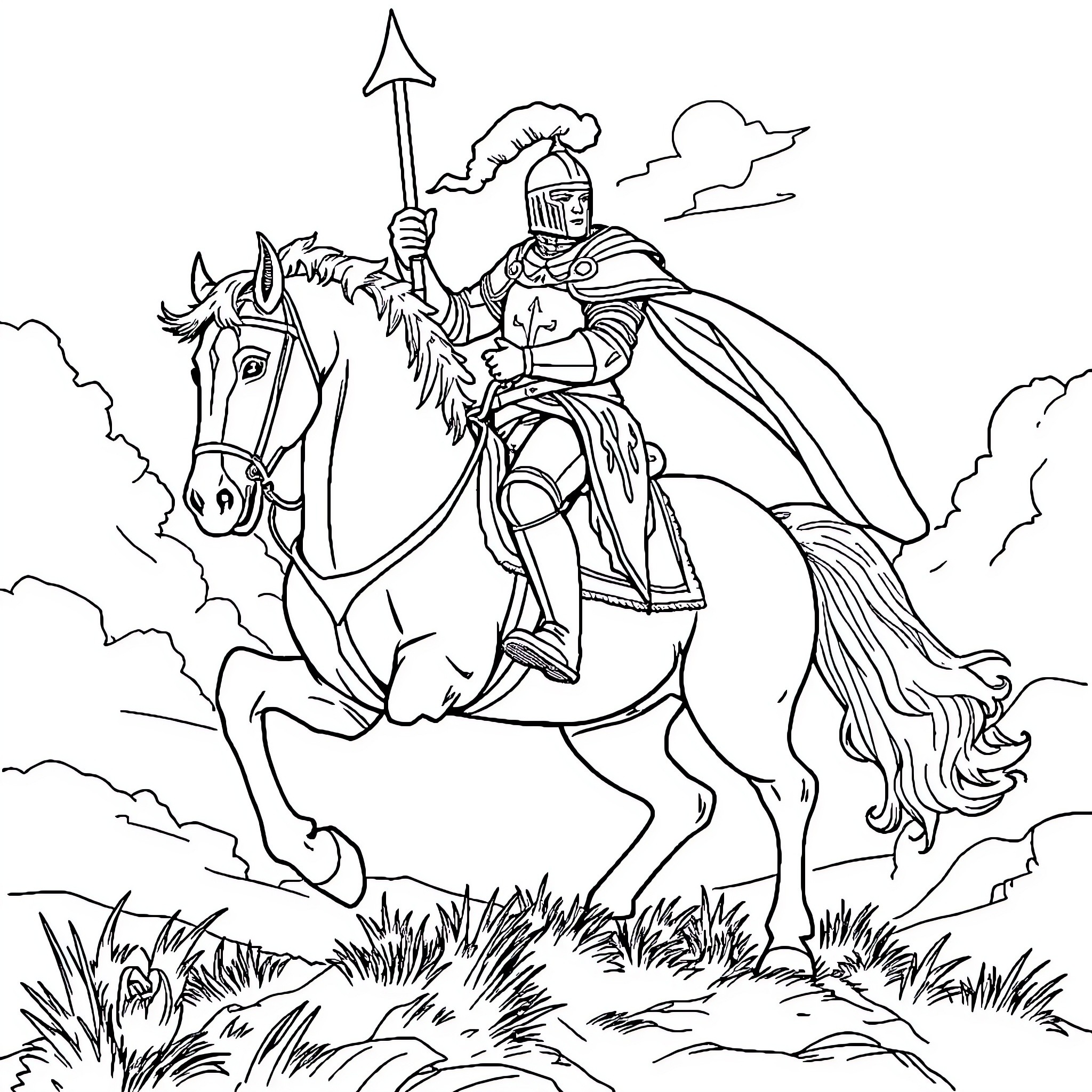 Horse-mounted knight in heroic battle stance Coloring Page (free black-and-white line drawing printable PDF for all, from beginners to advanced learners, including children, teens, adults, and seniors)
