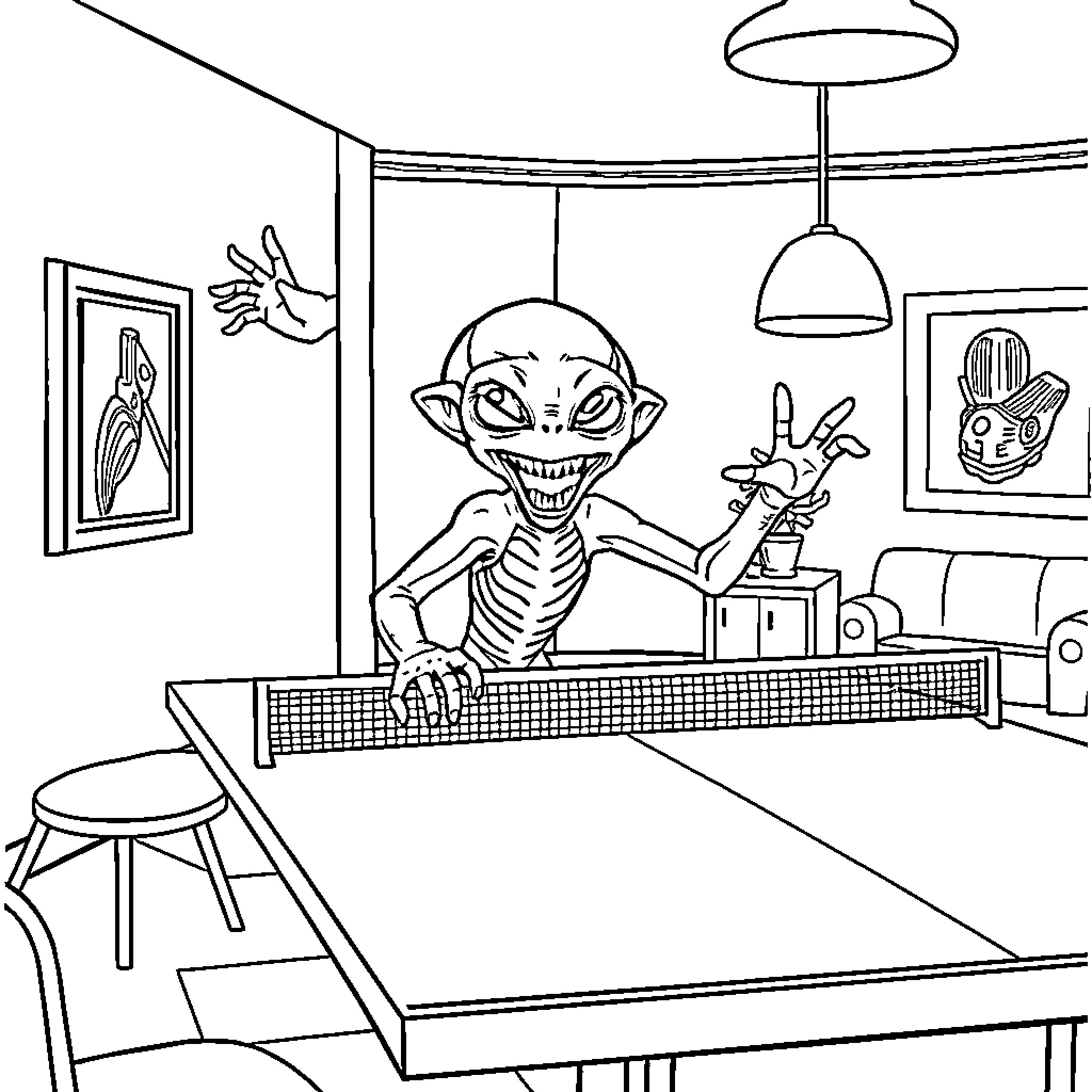 Alien Playing Table Tennis Gleefully in Home Interior Coloring Page (free black-and-white line drawing printable PDF for all, from beginners to advanced learners, including children, teens, adults, and seniors)