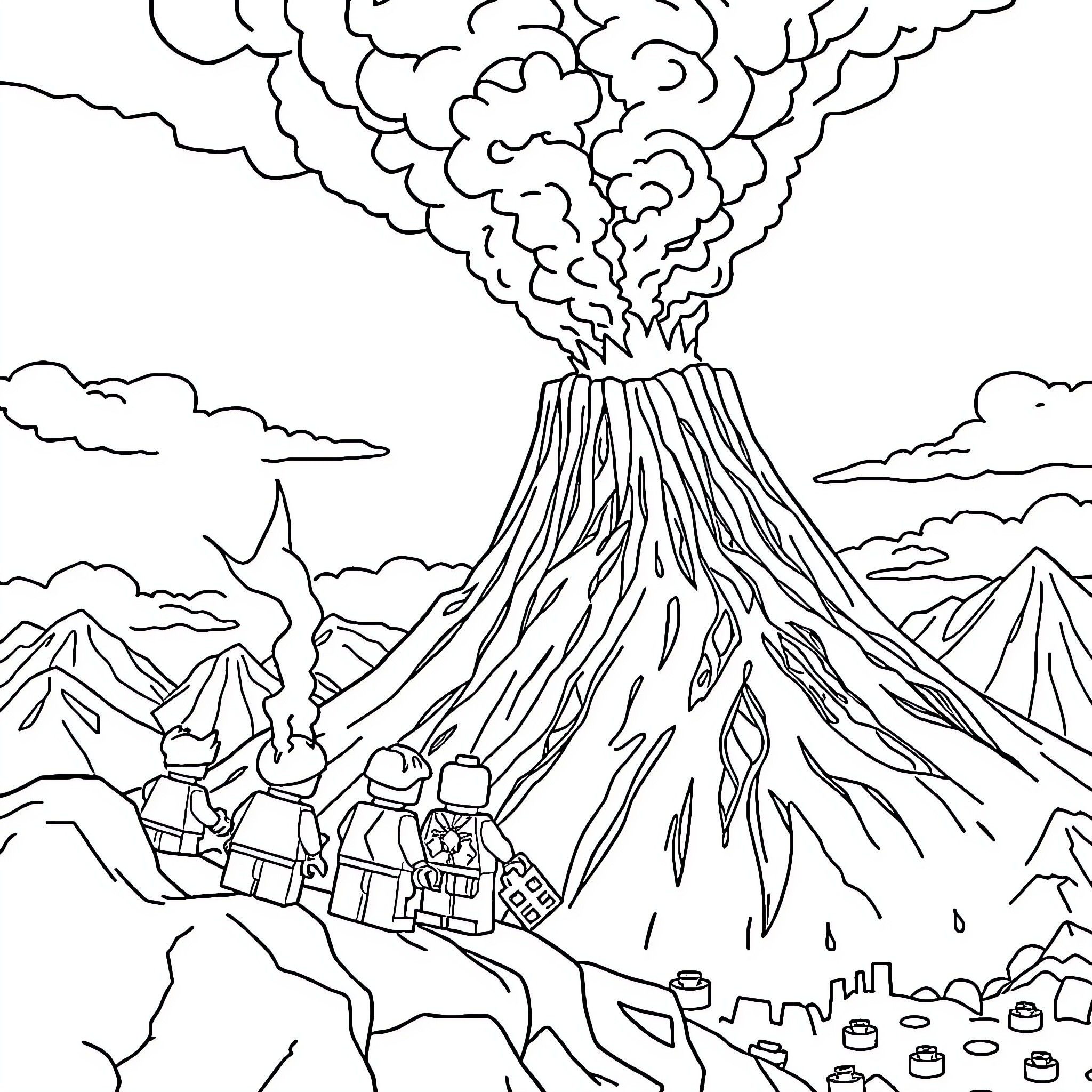 Lego People Watching a Volcanic Eruption Coloring Page (free black-and-white line drawing printable PDF for all, from beginners to advanced learners, including children, teens, adults, and seniors)